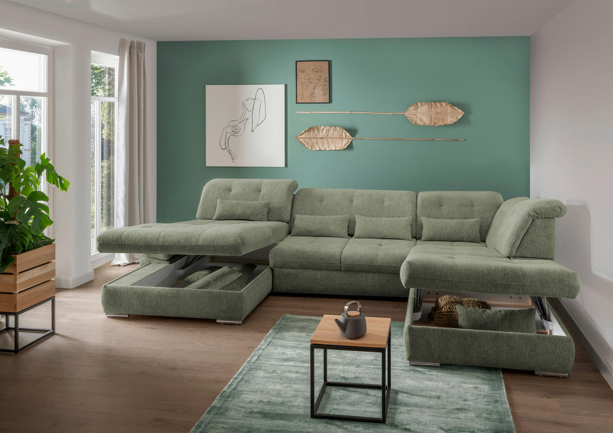 WOHNLANDSCHAFT Chenille Grün  - Chromfarben/Grün, Design, Textil/Metall (195/376/254cm) - Livetastic