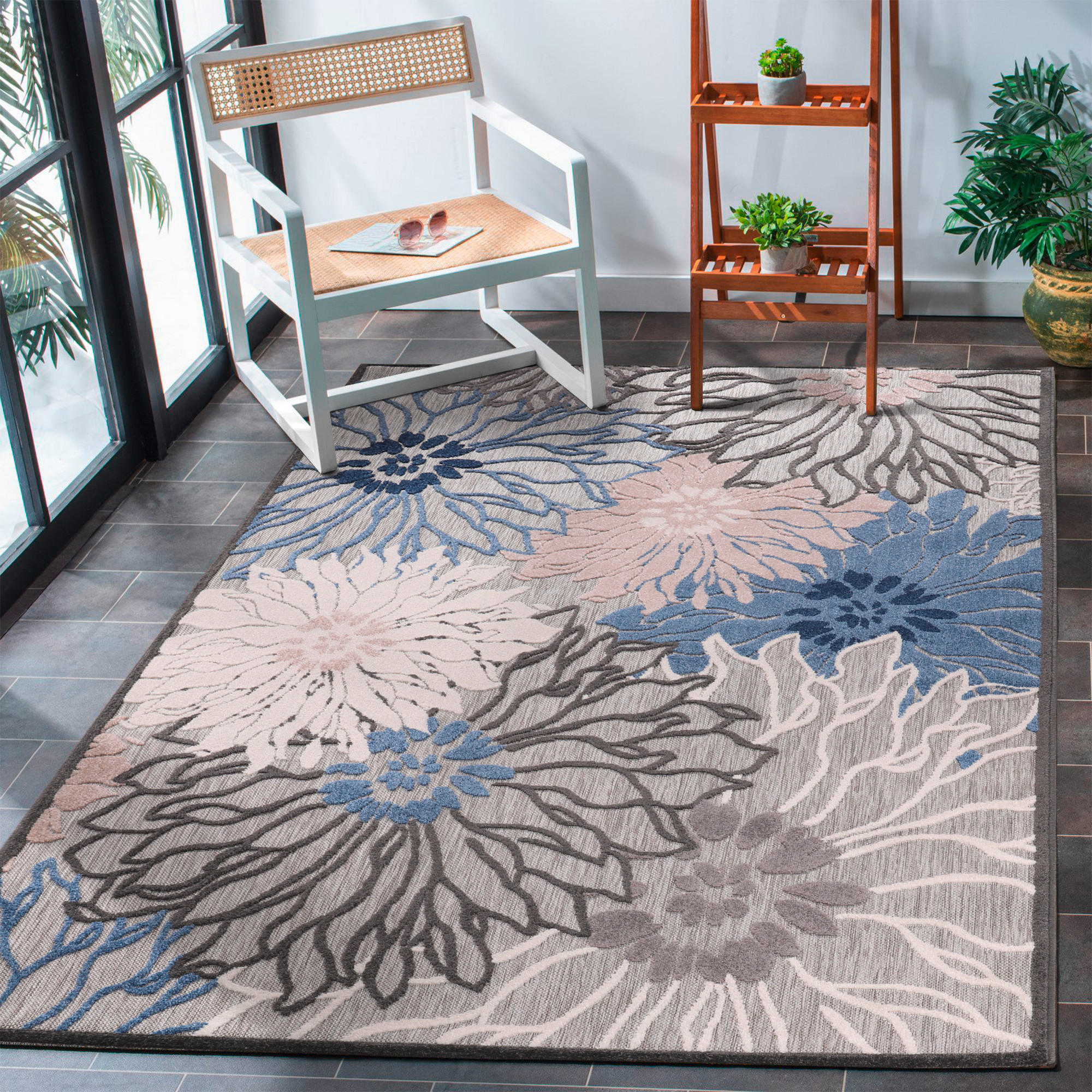 OUTDOORTEPPICH 60/110 cm Floral Grau, Blau  - Blau/Grau, LIFESTYLE, Kunststoff/Textil (60/110cm)