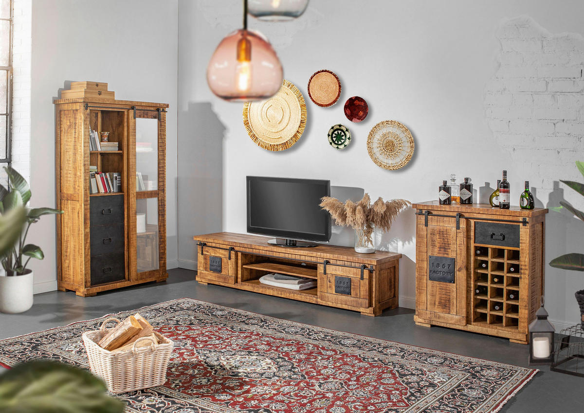VITRINE in massiv Mangoholz Schwarz, Naturfarben  - Schwarz/Naturfarben, KONVENTIONELL, Glas/Holz (100/190/45cm) - Landscape
