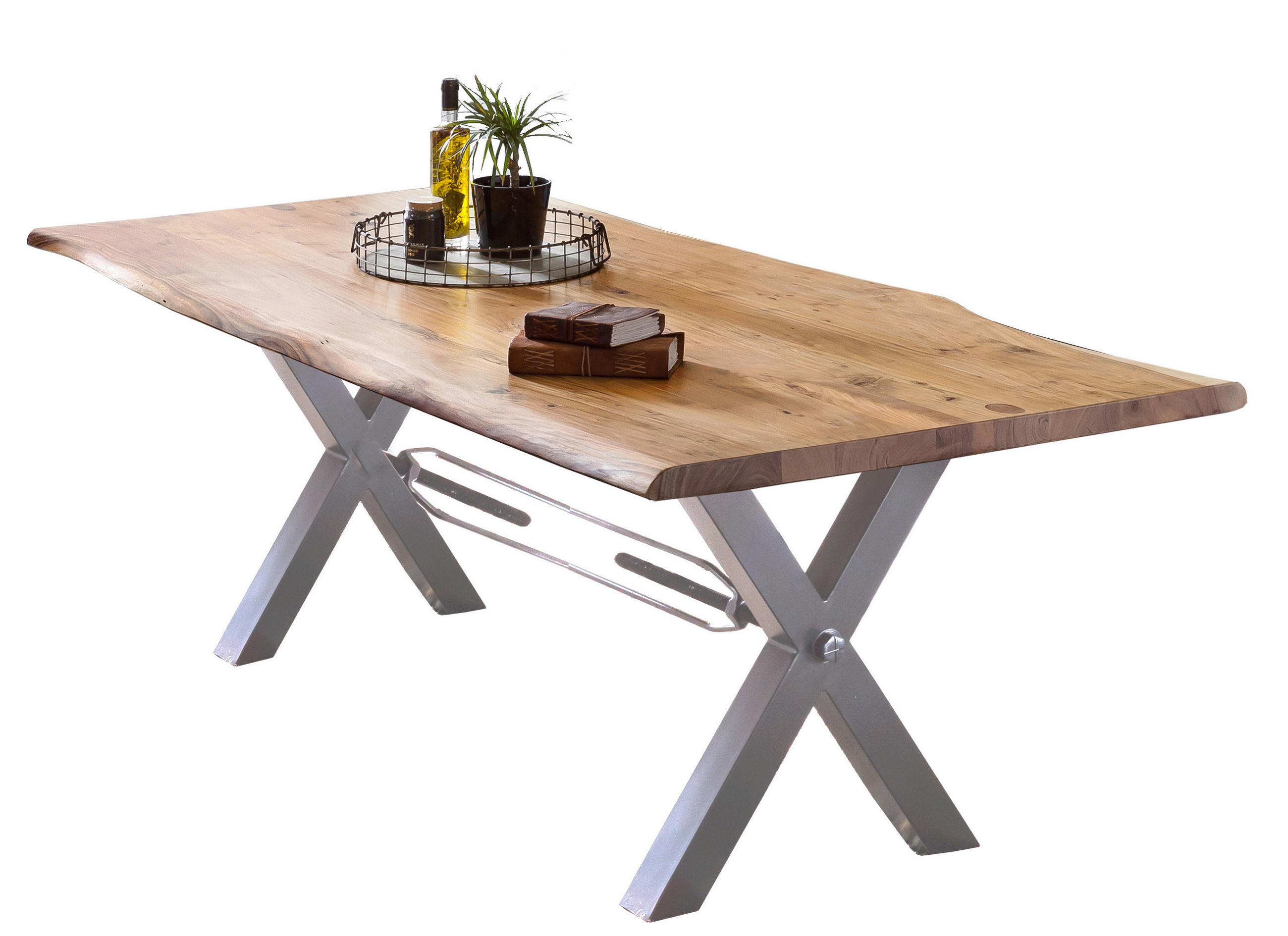 ESSTISCH 200/100/78 cm Echtholz  Holz, Metall rechteckig Naturfarben, Silberfarben  - Silberfarben/Naturfarben, MODERN, Holz/Metall (200/100/78cm) - MID.YOU