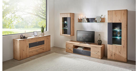 HÄNGEVITRINE in Graphitfarben, Eichefarben - Eichefarben/Silberfarben, KONVENTIONELL, Glas/Holzwerkstoff (70/120/38cm) - Xora