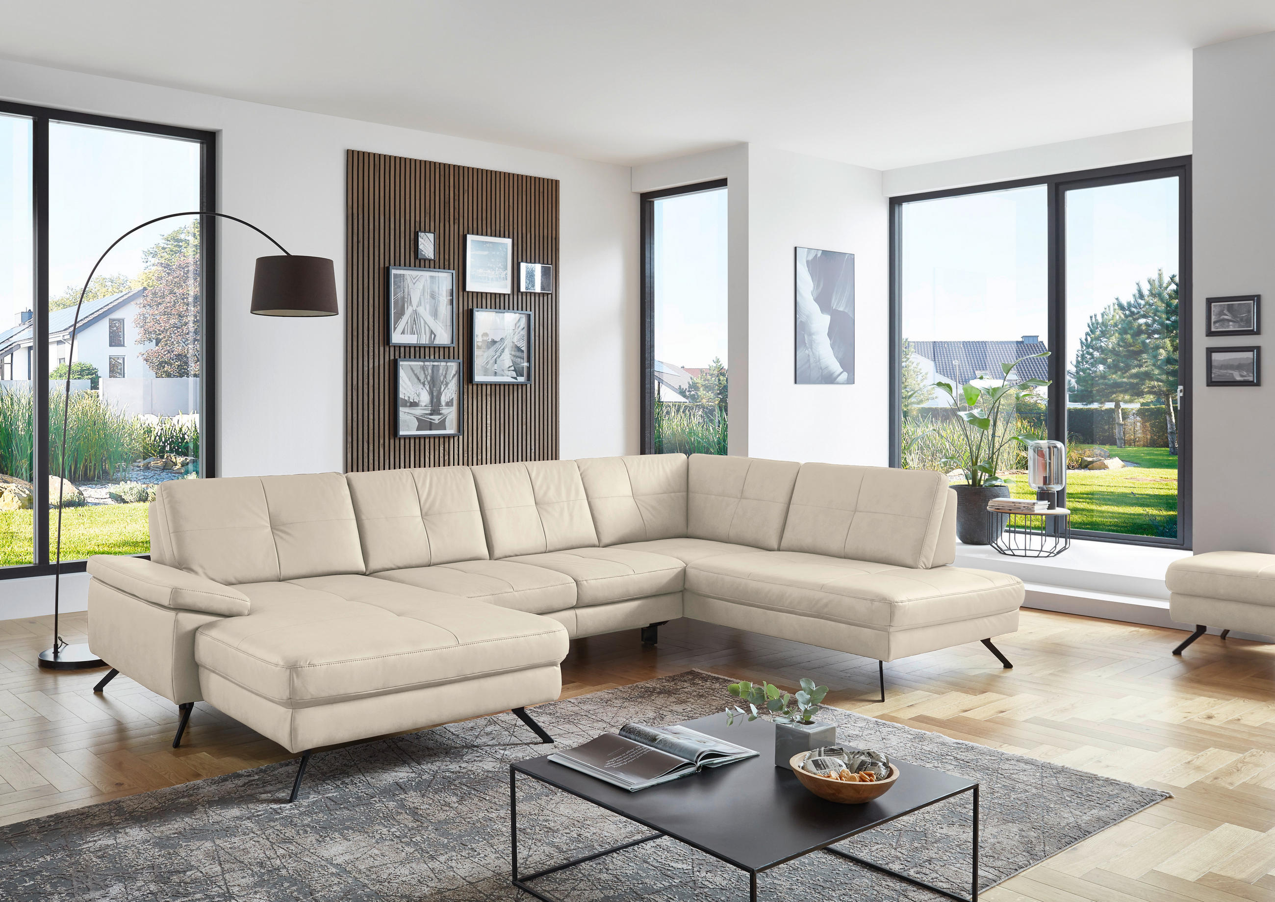 WOHNLANDSCHAFT in Lederlook, Mikrofaser Creme, Naturfarben  - Creme/Schwarz, Design, Textil/Metall (345/220cm) - Beldomo System