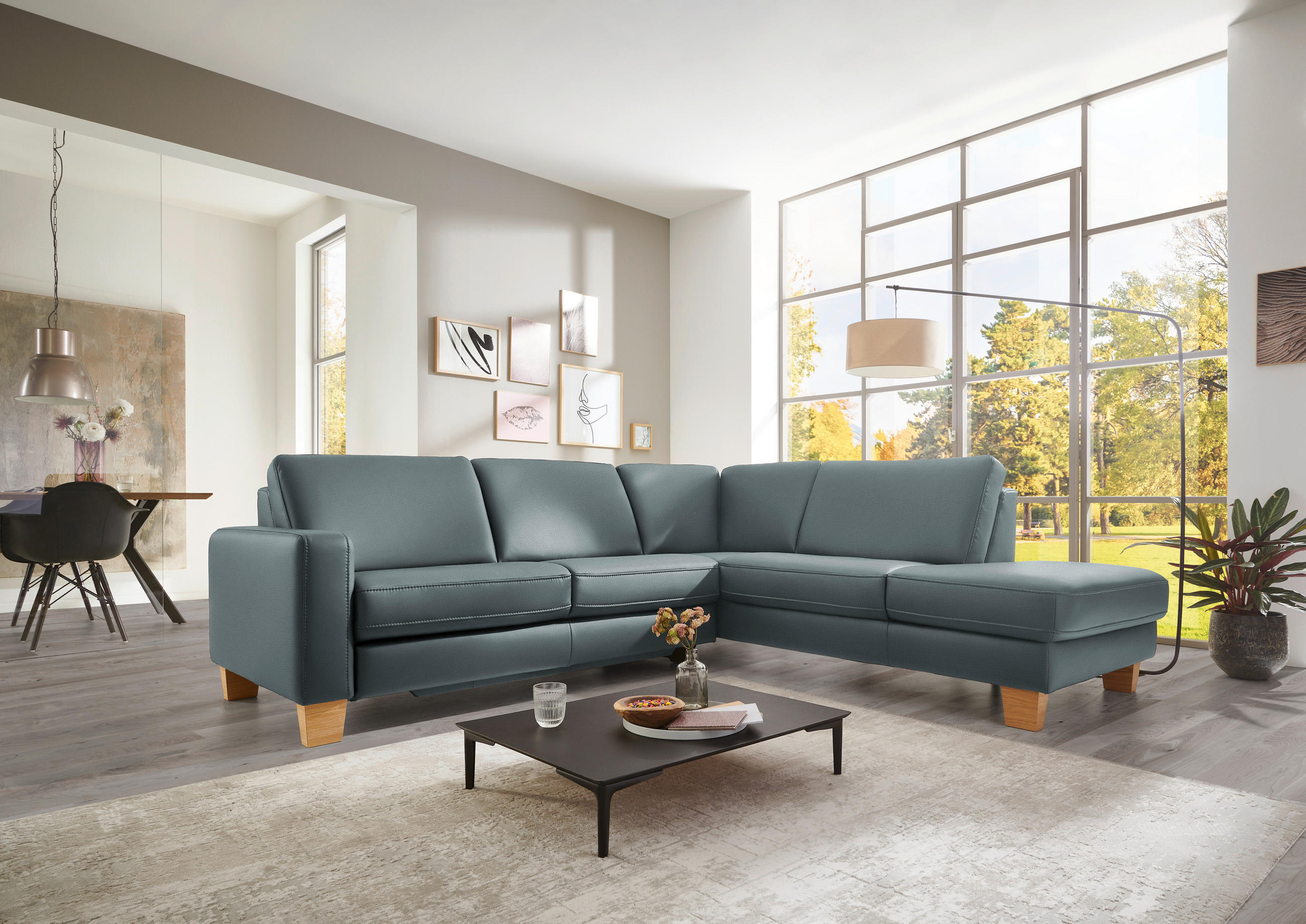 ECKSOFA in Echtleder Blaugrau  - Eiche Bianco/Blaugrau, Konventionell, Leder/Holz (257/235cm) - Valdera