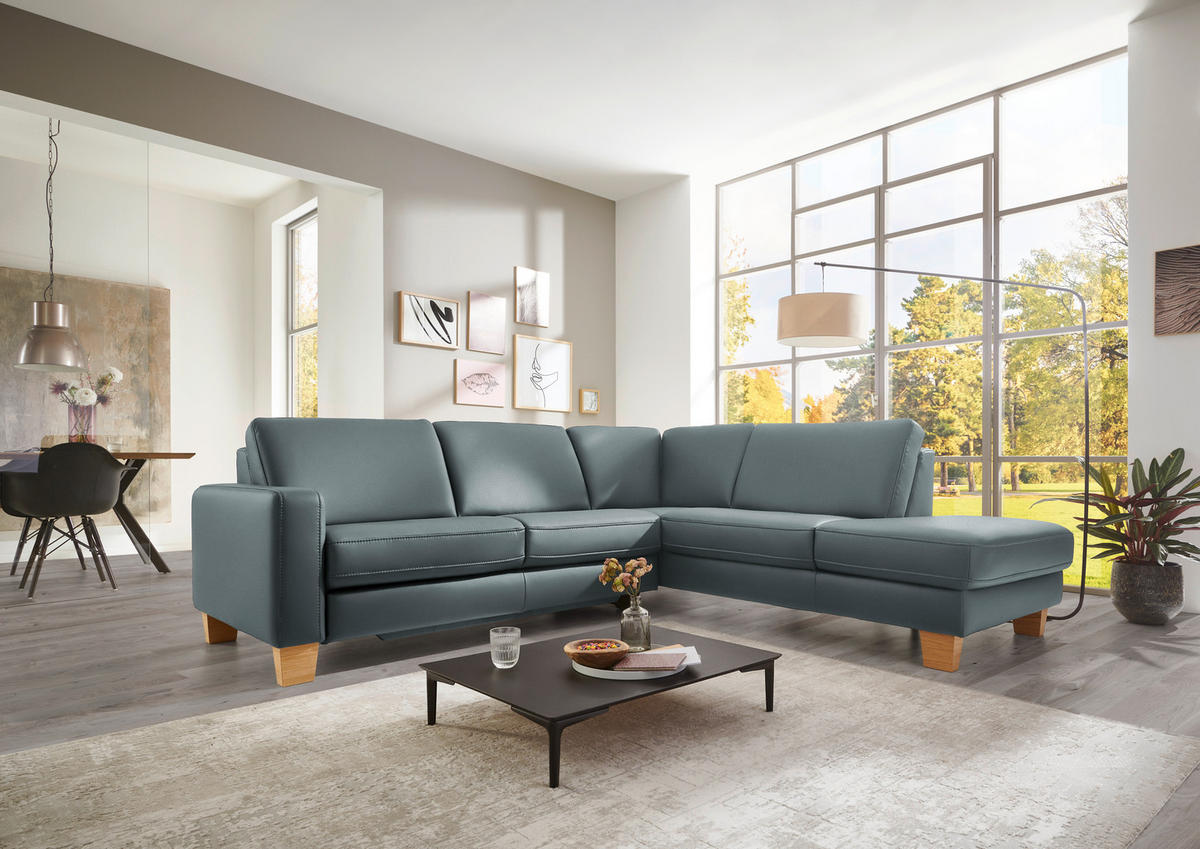ECKSOFA in Echtleder Blaugrau  - Eiche Bianco/Blaugrau, Konventionell, Leder/Holz (257/235cm) - Valdera