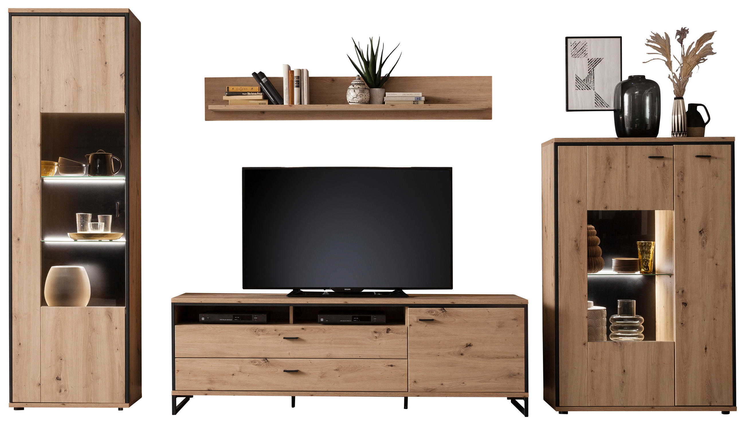 WOHNWAND  in Anthrazit, Eichefarben  359/210/50 cm  - Eichefarben/Anthrazit, Design, Glas/Holzwerkstoff (359/210/50cm) - MID.YOU