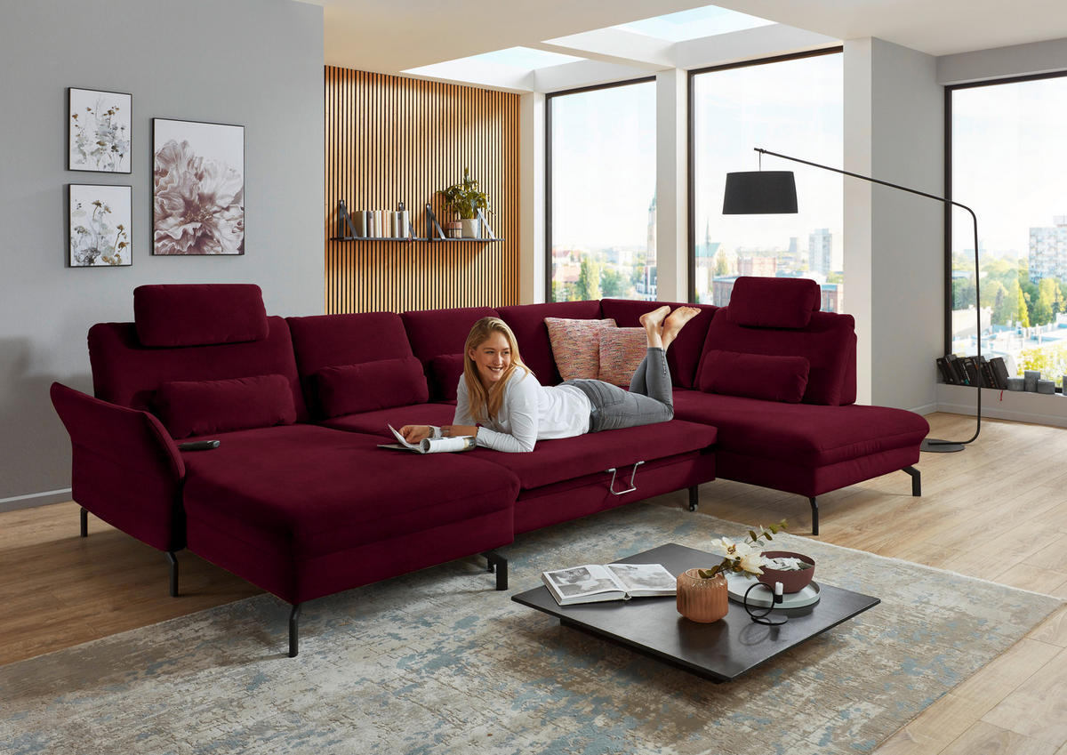 WOHNLANDSCHAFT in Velours Rot, Beere  - Beere/Rot, Design, Textil/Metall (179/335/220cm) - Beldomo System
