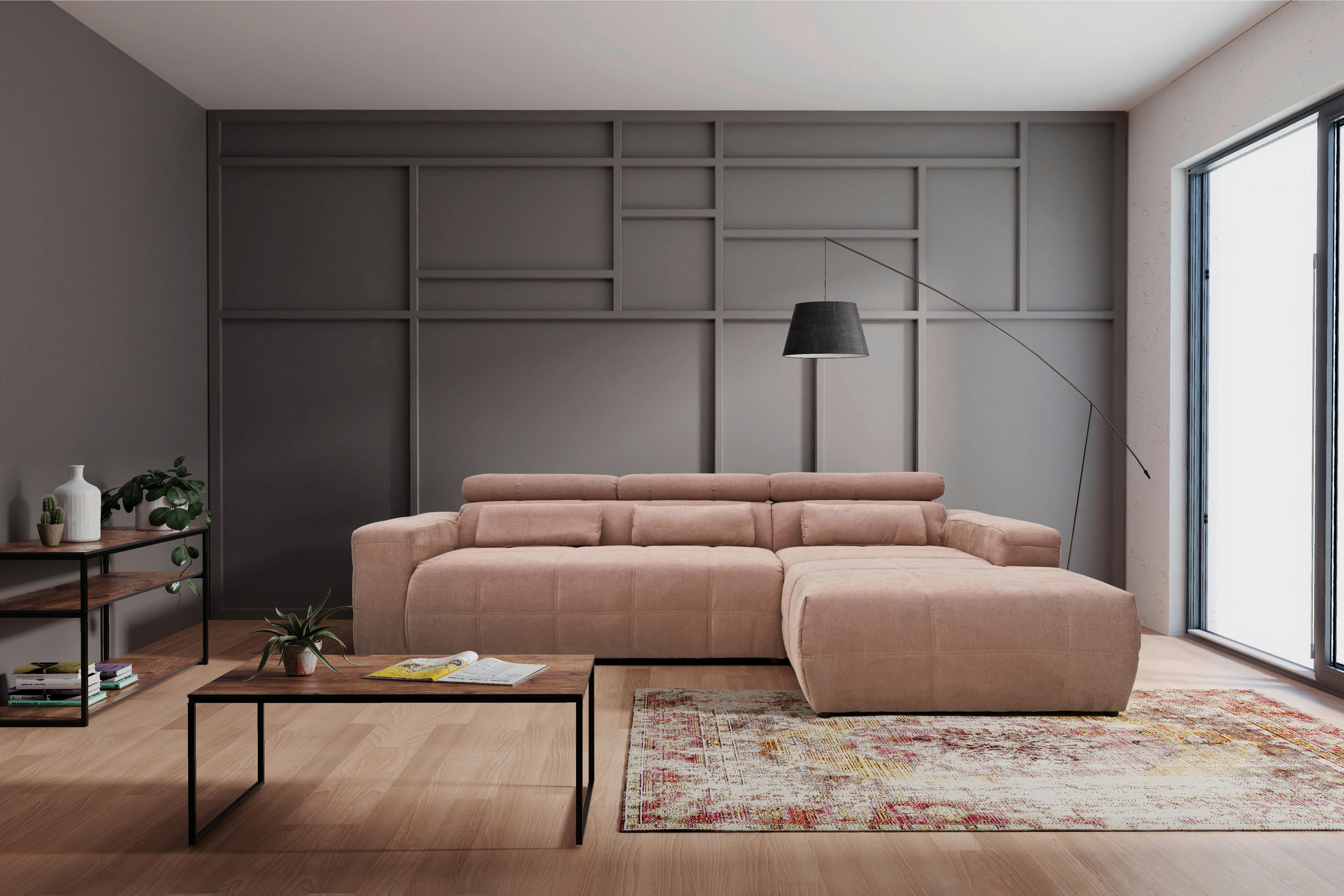ECKSOFA Rosa Mikrofaser  - Schwarz/Rosa, Design, Kunststoff/Textil (285/175cm) - MID.YOU