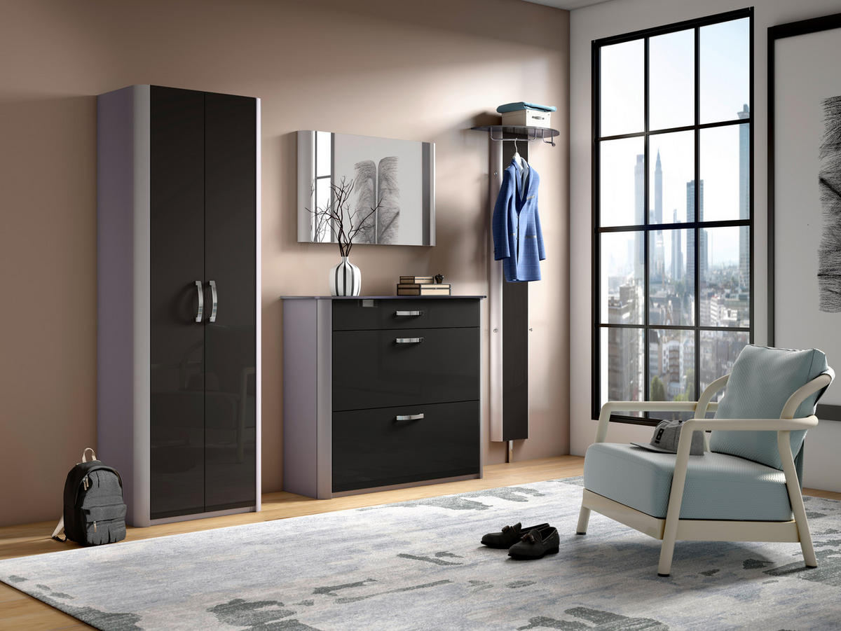 GARDEROBE 4-teilig  in 270/192/34 cm  - Schwarz/Alufarben, Design, Glas/Holzwerkstoff (270/192/34cm) - Moderano