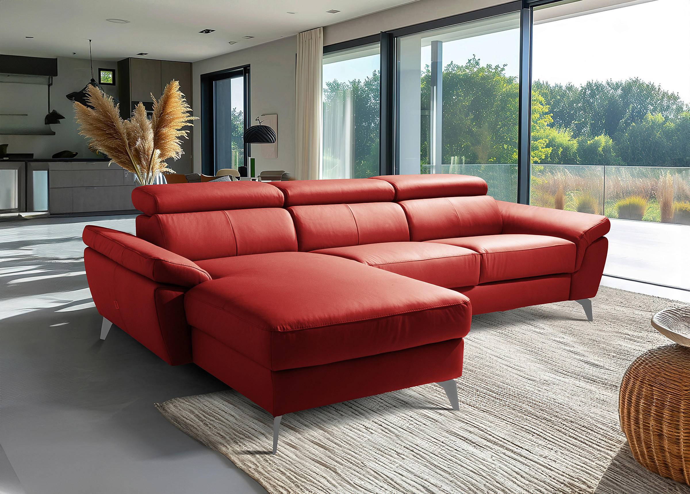 ECKSOFA Rot Echtleder Lederlook Bettkasten, Schlaffunktion, Rücken echt, Armteilverstellung, Kopfteilverstellung  - Chromfarben/Rot, Design, Leder/Textil (179/252cm) - Livetastic