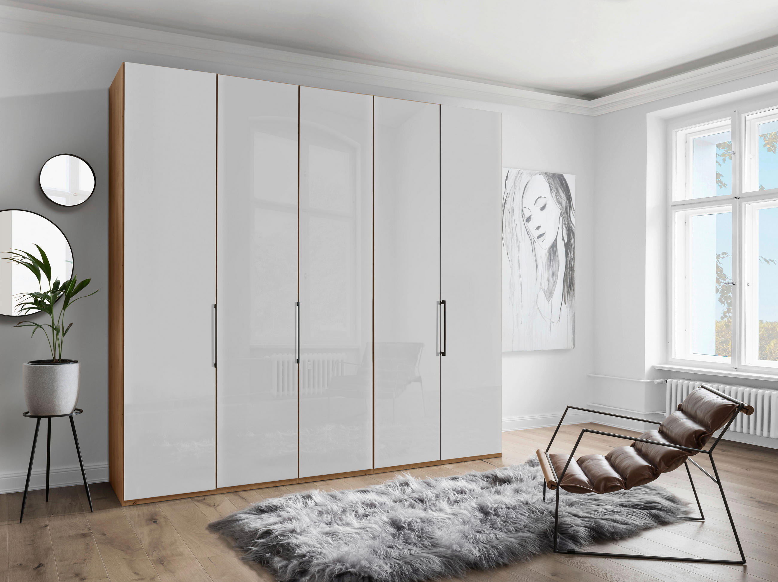 DREHTÜRENSCHRANK 250/236/58 cm 5-türig Weiß, Eiche Bianco  - Schieferfarben/Eiche Bianco, KONVENTIONELL, Glas/Holzwerkstoff (250/236/58cm) - Dieter Knoll