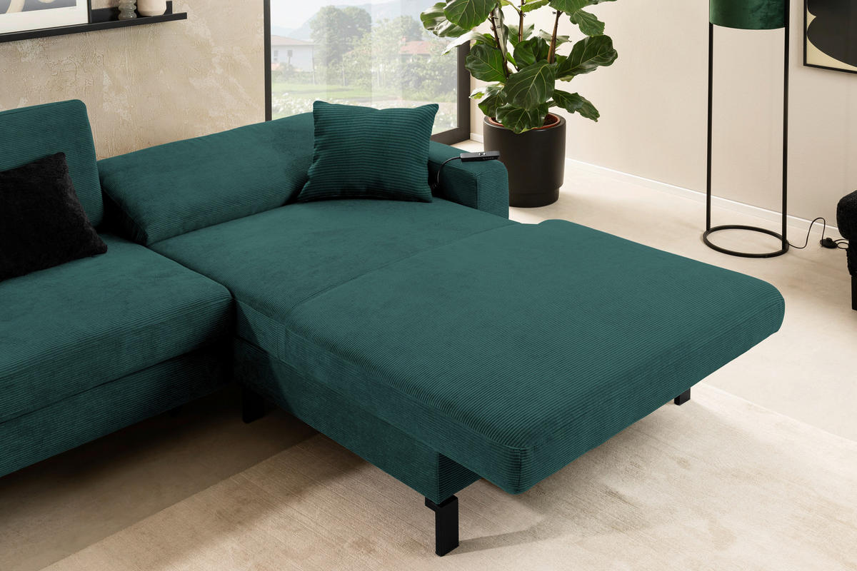 ECKSOFA in Cord Grün  - Schwarz/Grün, Design, Textil/Metall (298/185cm) - Pure Home Lifestyle