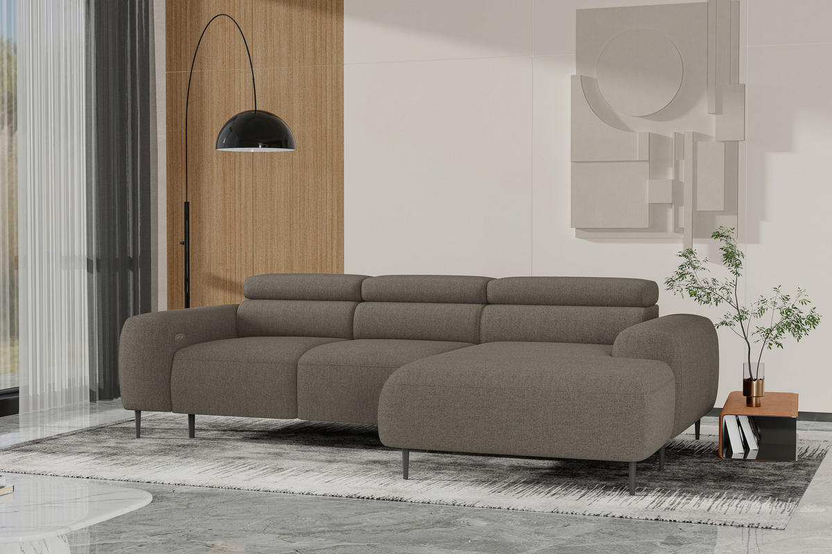 ECKSOFA Hellbraun Struktur Rücken echt, Kopfteilverstellung, Sitztiefenverstellung  - Hellbraun/Schwarz, MODERN, Textil/Metall (274/179cm) - Welnova