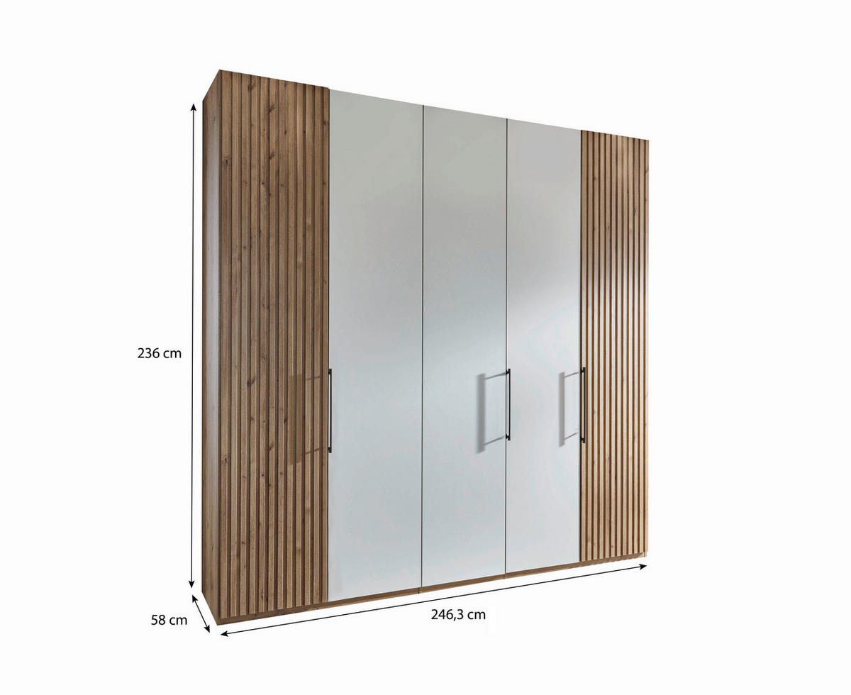 DREHTÜRENSCHRANK in Weiss, Eiche Bianco  - Schieferfarben/Weiss, Design, Glas/Holzwerkstoff (250/236/58cm) - Novel