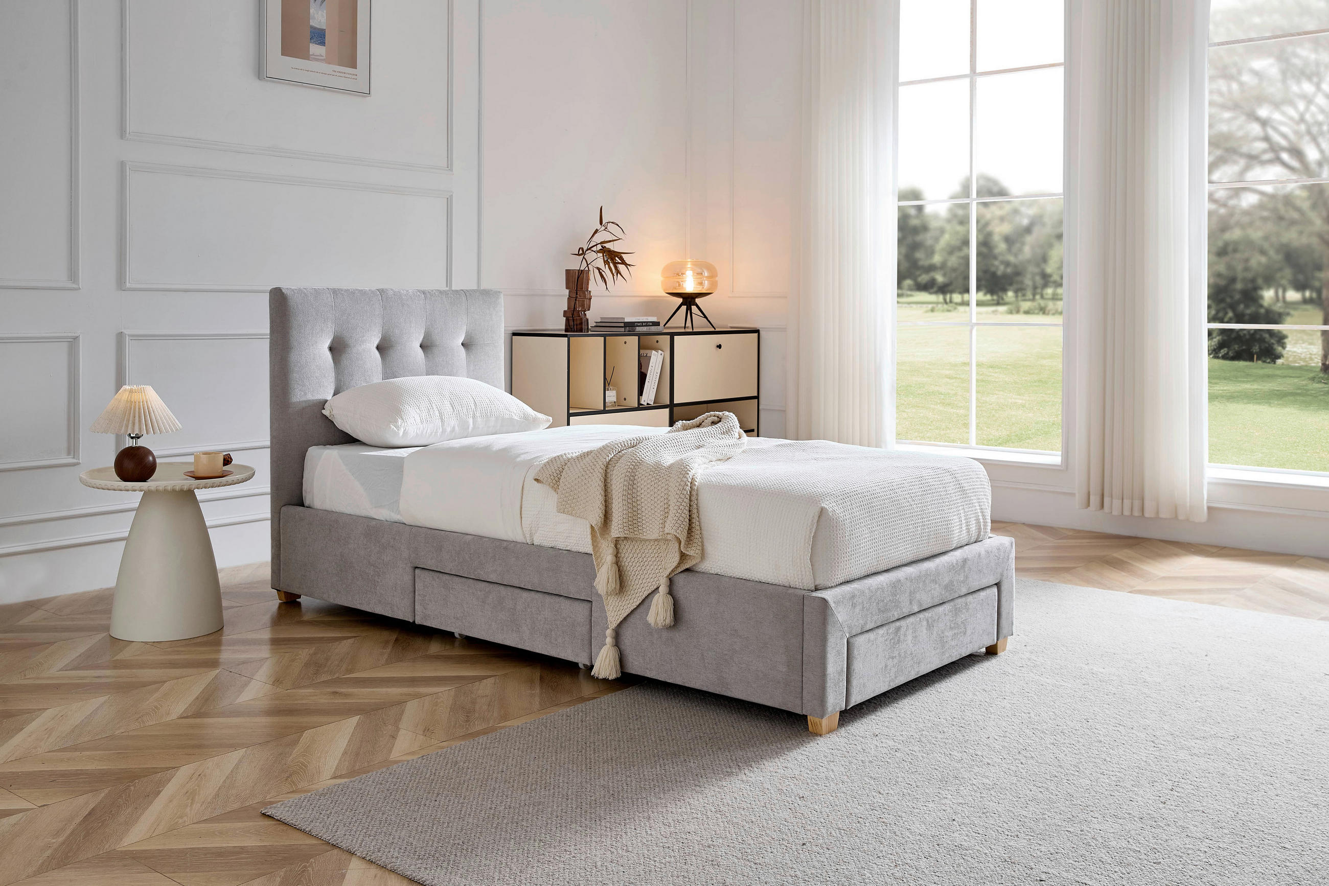 POLSTERBETT 90/200 cm, inkl. gepolstertes Kopfteil, Lattenrost, Bettschubladen,  in Hellgrau  - Hellgrau/Naturfarben, Design, Holz/Textil (90/200cm) - Boxxx