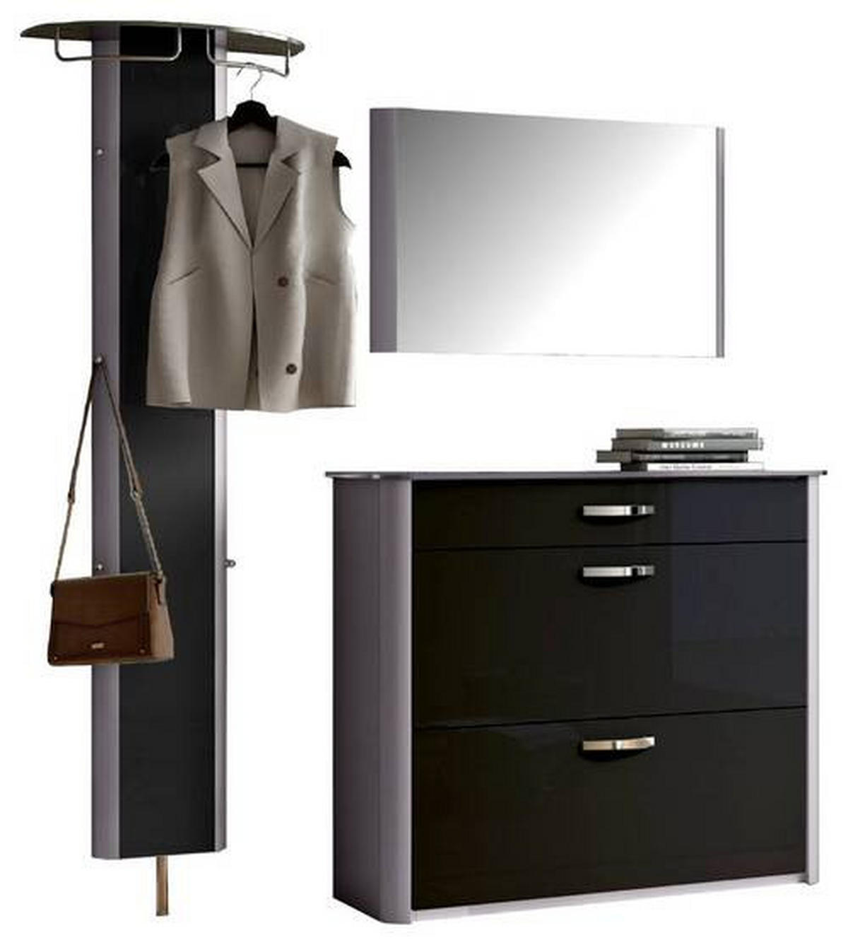 GARDEROBE 3-teilig  in 200/192/34 cm  - Schwarz/Alufarben, Design, Glas/Holzwerkstoff (200/192/34cm) - Moderano
