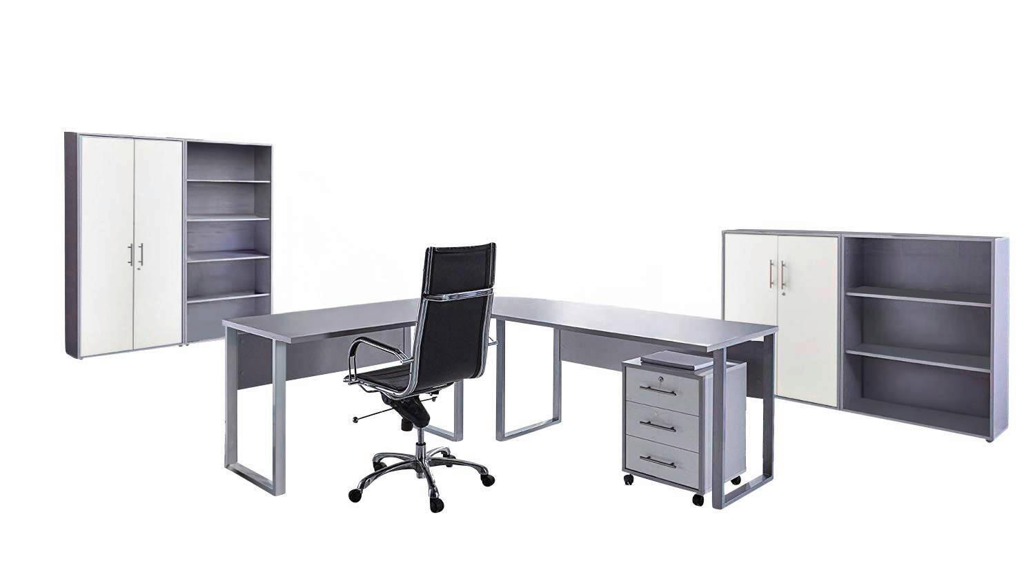 BÜRO erweiterbar, in verschiedenen Holz-Dekoren erhältlich, Schreibtisch seitenverkehrt montierbar, abschließbar Grau, Weiß - Weiß/Grau, MODERN, Holzwerkstoff - MID.YOU