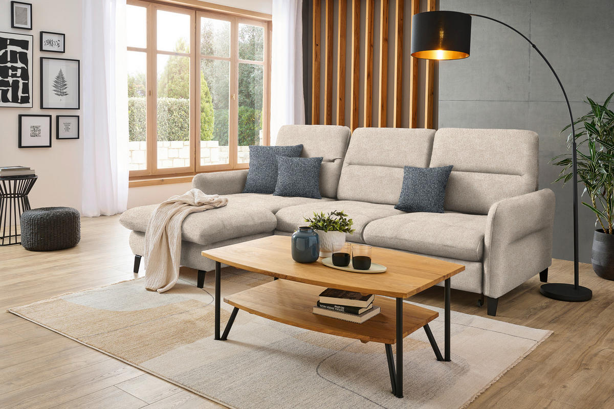 ECKSOFA Beige Plüsch  - Beige/Schwarz, KONVENTIONELL, Textil/Metall (190/254cm) - Livetastic