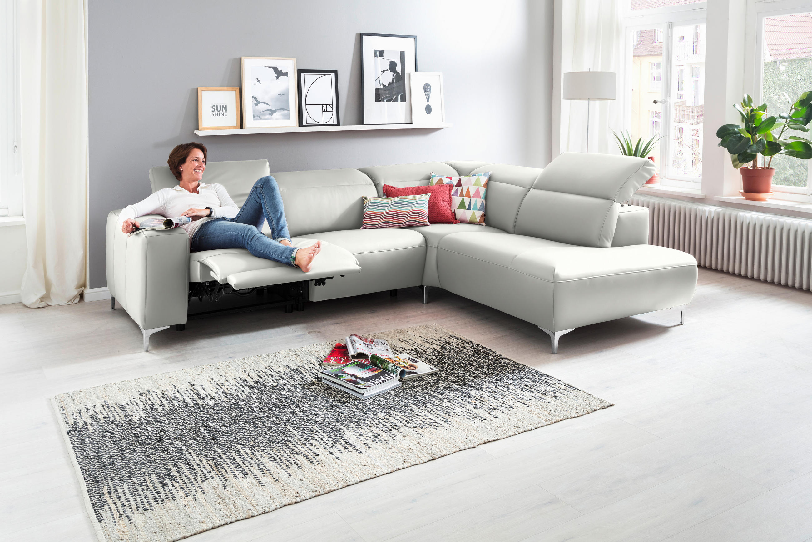 ECKSOFA Weiß Echtleder  - Chromfarben/Weiß, Design, Leder/Metall (290/223cm) - Pure Home Lifestyle