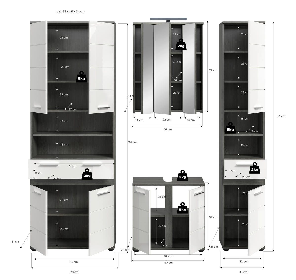 BADEZIMMER 5-teilig  in 195 cm  - Weiß Hochglanz/Silberfarben, Trend, Glas/Holzwerkstoff (195cm) - MID.YOU