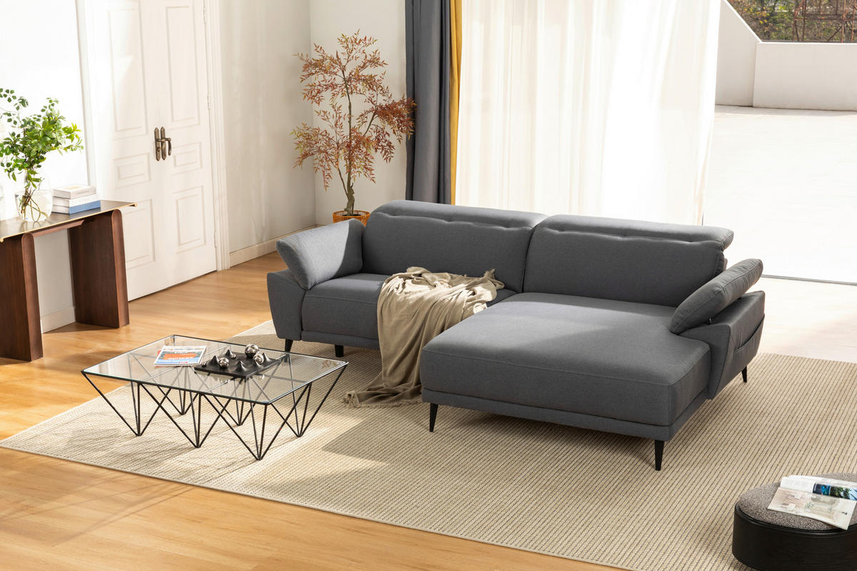 ECKSOFA in Leinenoptik Hellgrau  - Hellgrau/Schwarz, Design, Textil/Metall (262/172cm) - MID.YOU