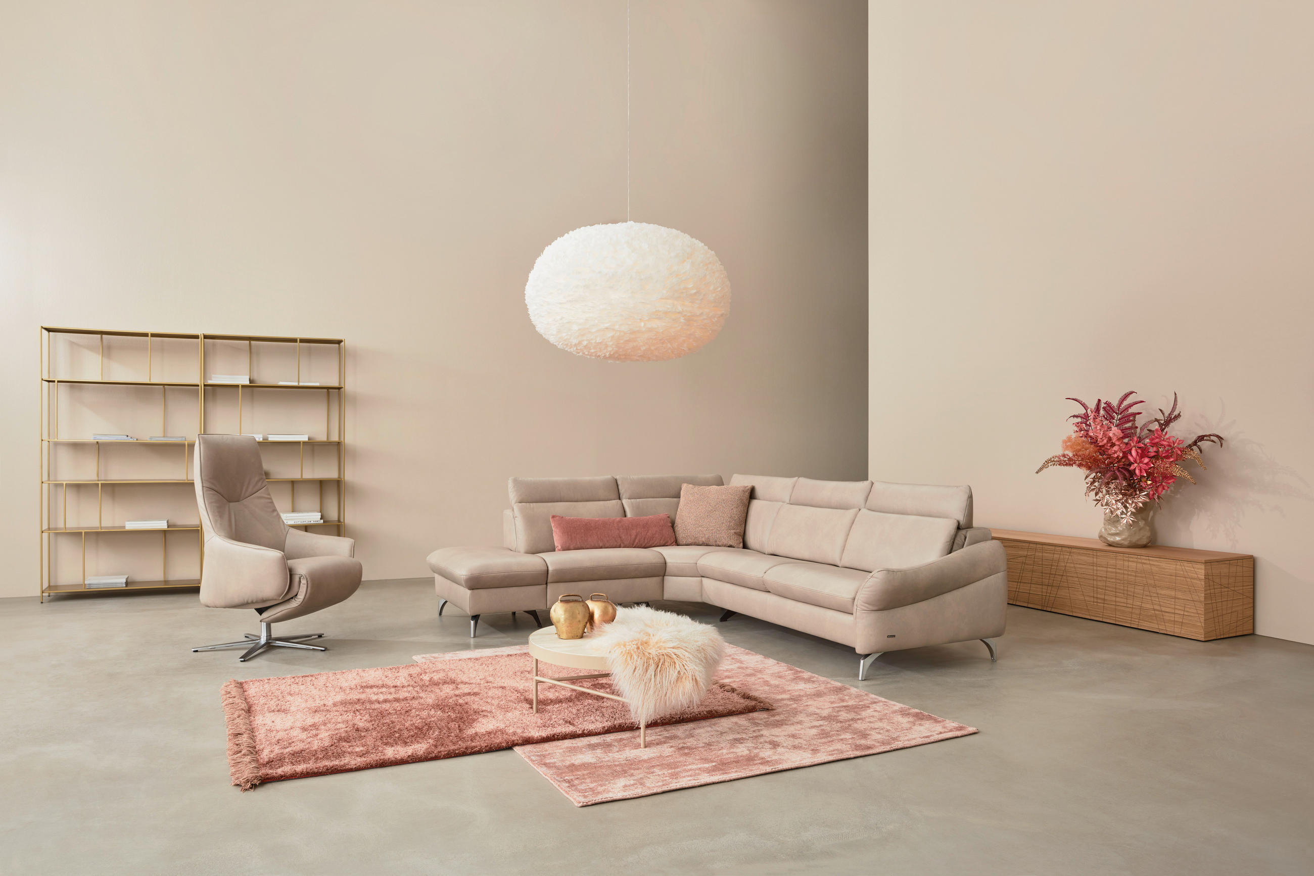 ECKSOFA in Echtleder Creme  - Edelstahlfarben/Creme, Design, Leder/Metall (242/294cm) - Himolla Komfortklass