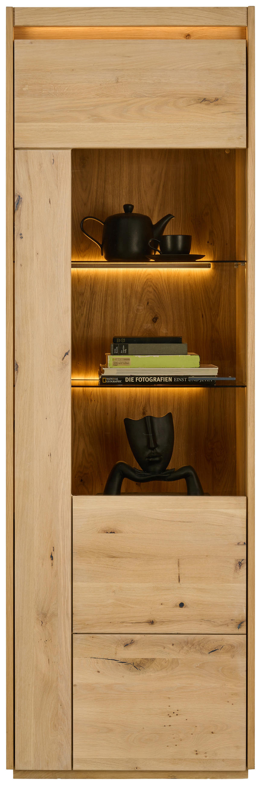 VITRINE  in furniert, massiv Eichefarben - Eichefarben, Natur, Glas/Holz (64,4/201,9/37cm) - Linea Natura