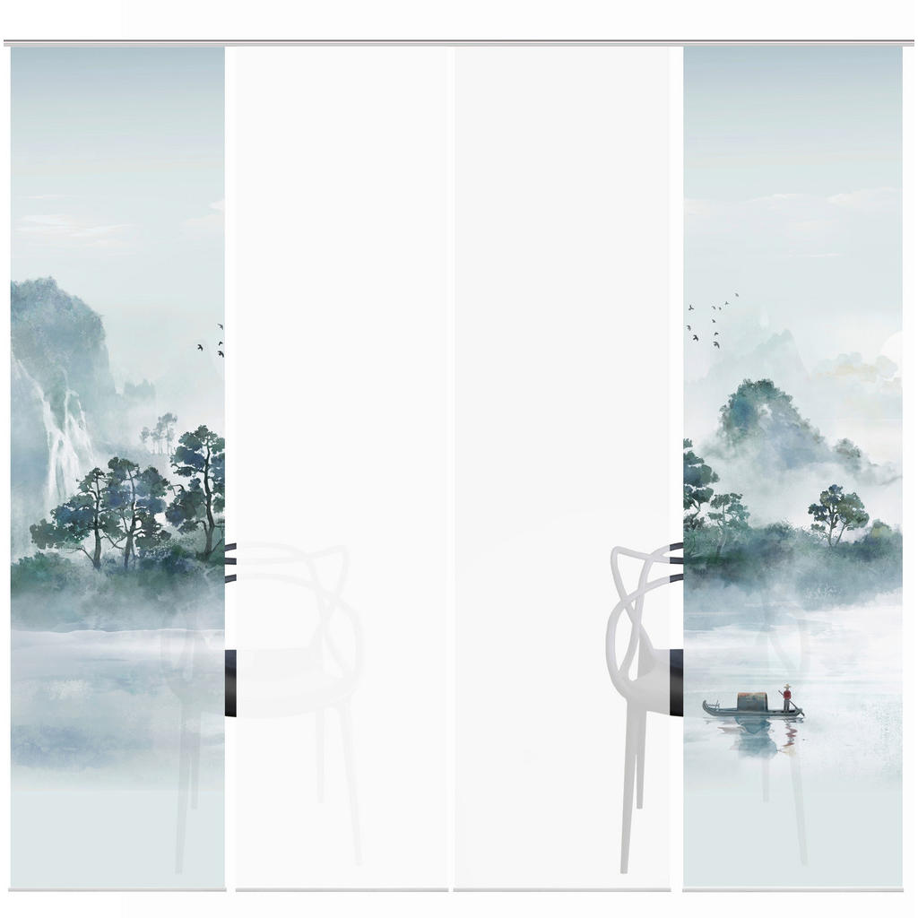 Thumbnail - Flächenvorhang Vitnam, Grün, Graublau, Textil, Graphik, 60x245 cm, Oeko-Tex® Standard 100, mit Beschwerungsstab, Flausch...