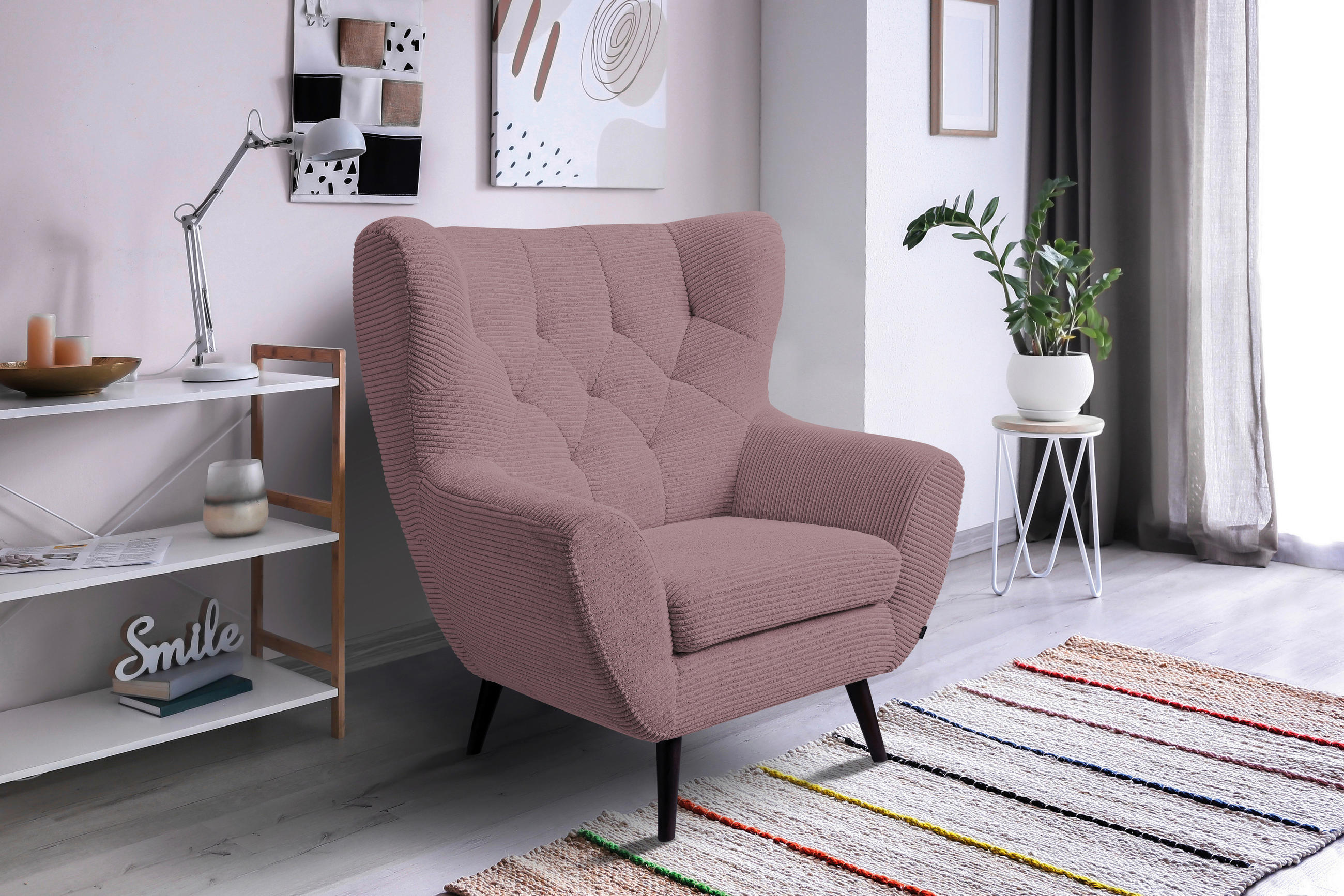 SESSEL in Cord Rosa  - Schwarz/Rosa, Design, Holz/Textil (87/101/95cm) - Stylife