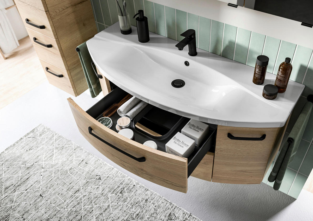 BADEZIMMER 3-teilig  in 120,5 cm  - Chromfarben/Eichefarben, MODERN, Glas/Keramik (120,5cm) - Sadena