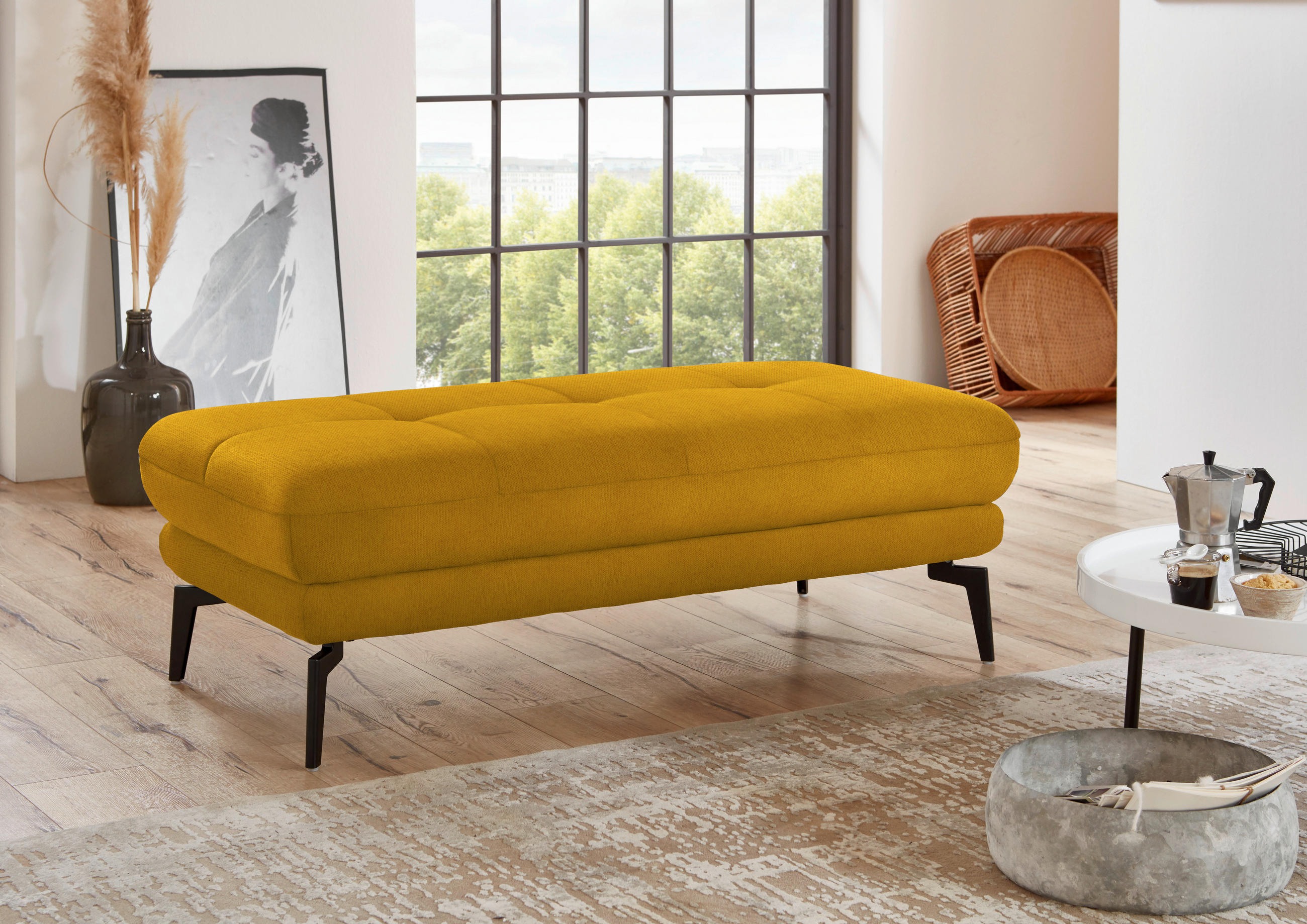HOCKER in Textil Currygelb  - Currygelb/Schwarz, Design, Textil/Metall (132/45/68cm) - Beldomo Style