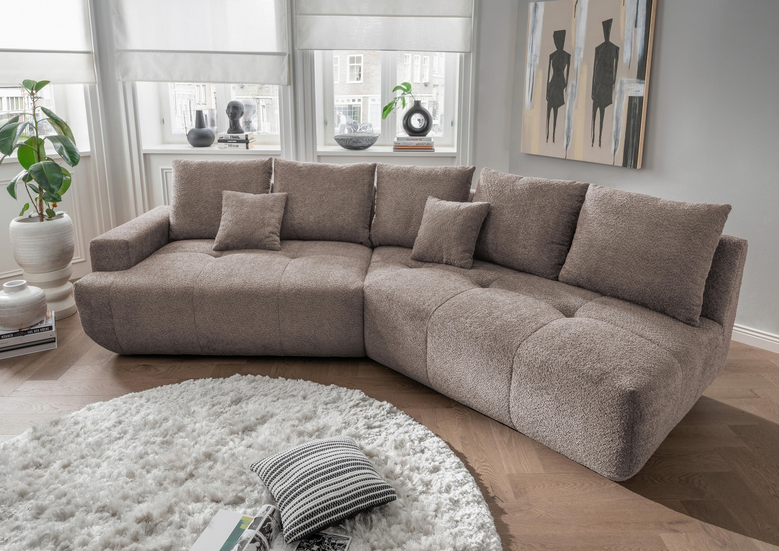 BIGSOFA in Bouclé Taupe  - Taupe/Schwarz, MODERN, Kunststoff/Textil (323/91/155cm) - Livetastic