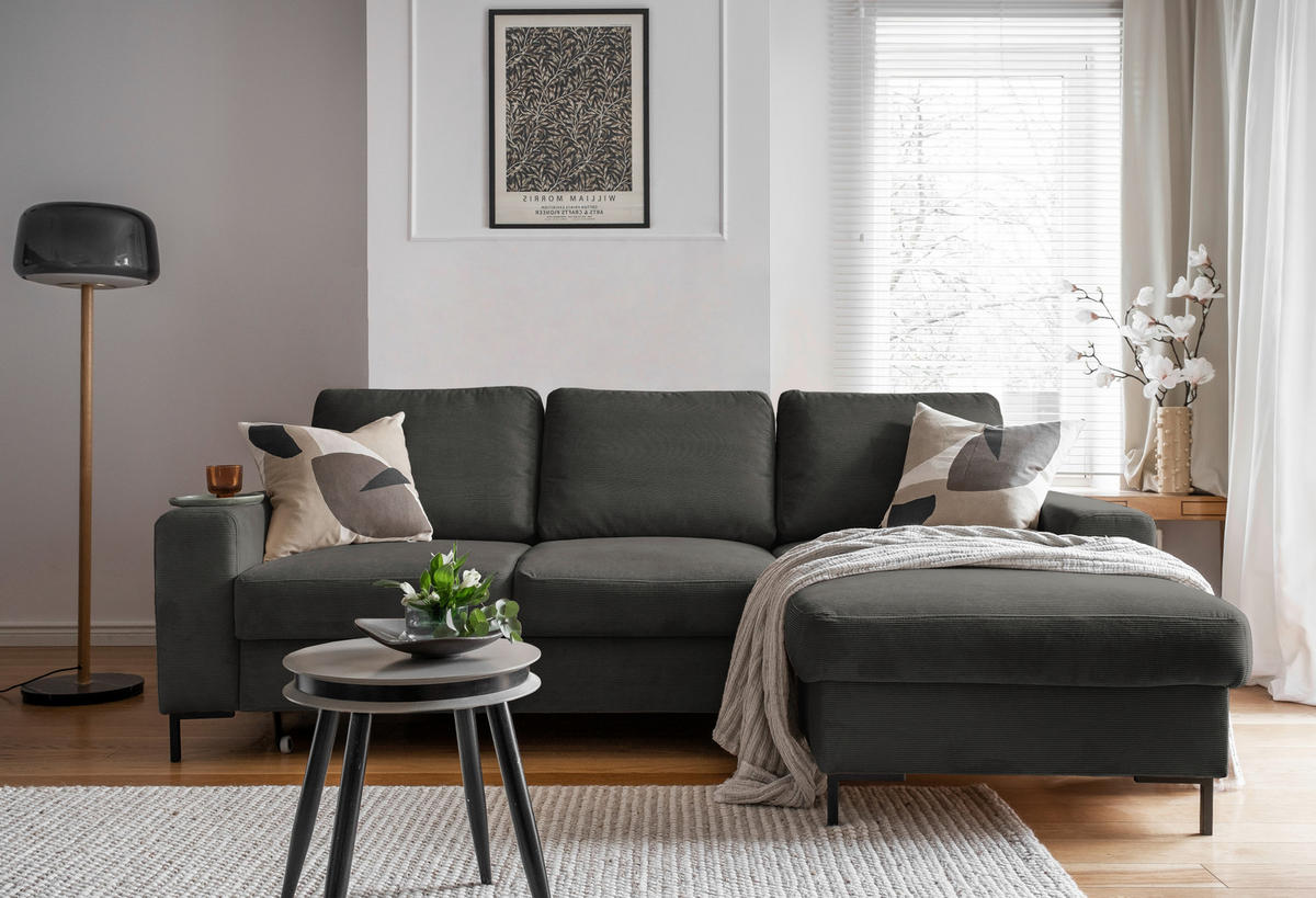 ECKSOFA Grau Cord  - Schwarz/Grau, MODERN, Textil/Metall (236/148cm) - MID.YOU