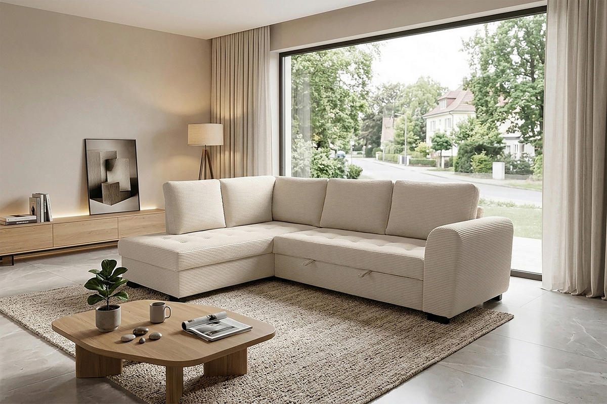 ECKSOFA JOHN Creme Cord Rückenkissen, Bettkasten, Liegefläche im Originalstoff  - Creme/Schwarz, Trend, Kunststoff/Textil (178/239cm) - P & B