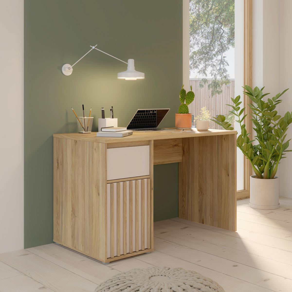 MASĂ DE BIROU PENTRU TINERET in material pe bază de lemn 120/74,4/60 cm  - culoare lemn arin/culoare lemn stejar, Basics, material pe bază de lemn (120/74,4/60cm) - Hom`in