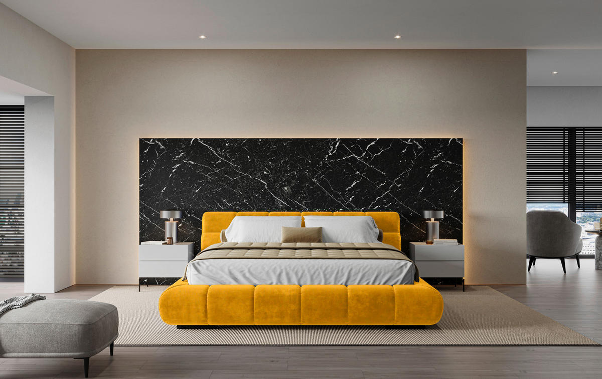 POLSTERBETT 200/200 cm,  in Currygelb,  - Currygelb/Schwarz, Design, Textil/Metall (200/200cm) - Belluti