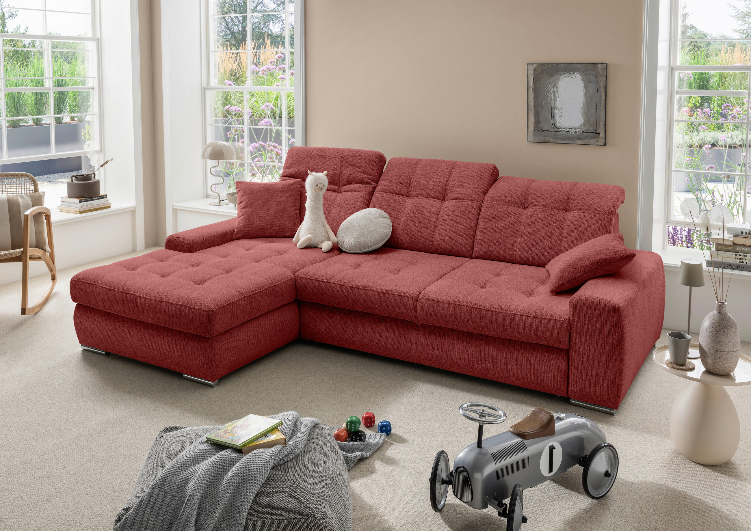 ECKSOFA FRIDO in Chenille Rot  - Chromfarben/Rot, KONVENTIONELL, Textil/Metall (186/283cm) - Livetastic