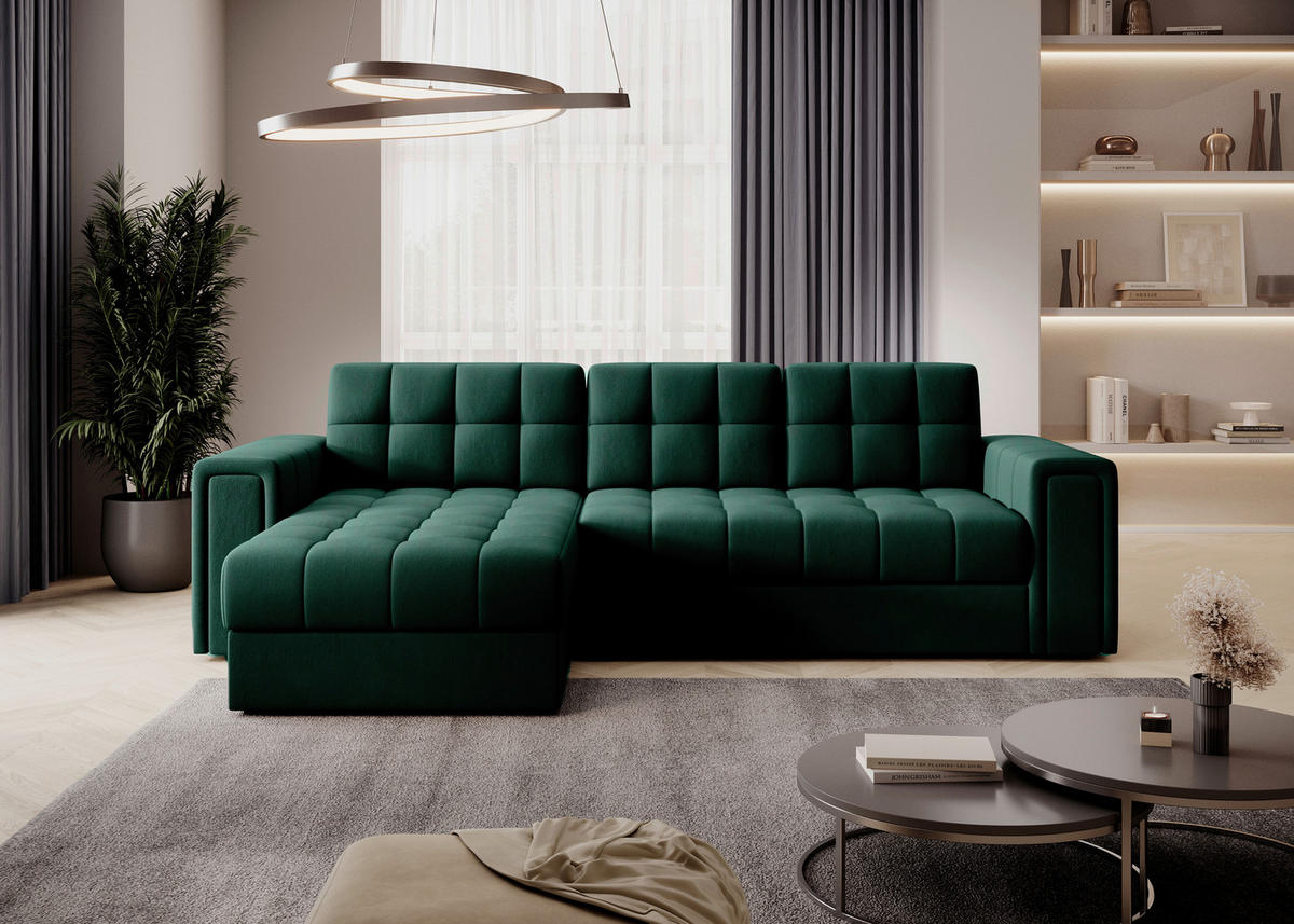 ECKSOFA Plüsch Grün  - Schwarz/Grün, Design, Kunststoff/Textil (260/150cm) - MID.YOU