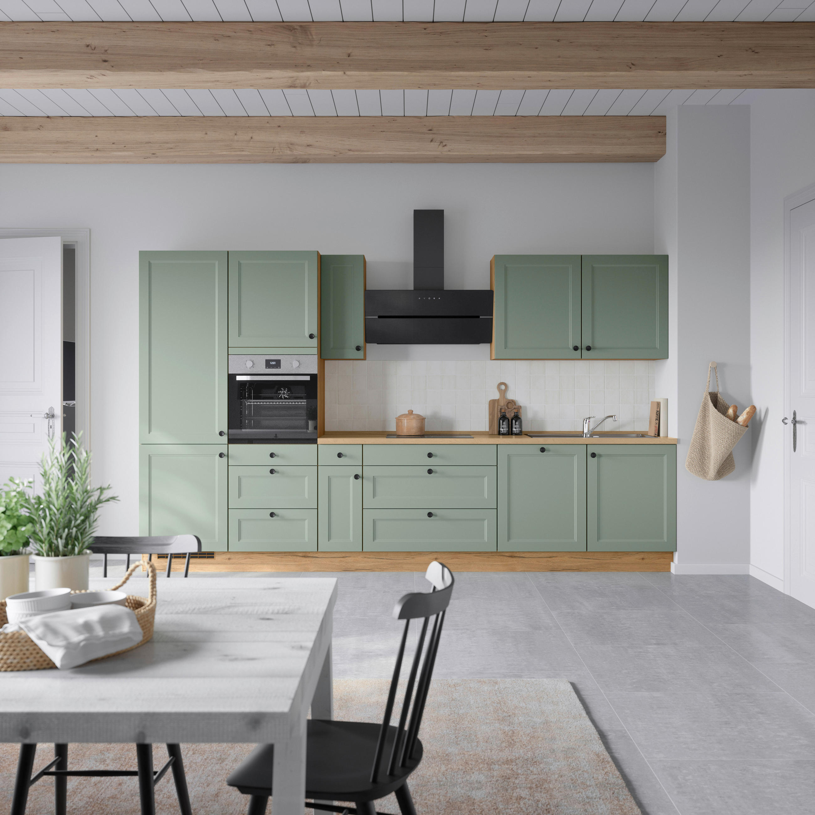 KÜCHENBLOCK 360 cm   in Eichefarben, Schilfgrün  - Schilfgrün/Eichefarben, MODERN, Holzwerkstoff/Metall (360cm) - Nobilia