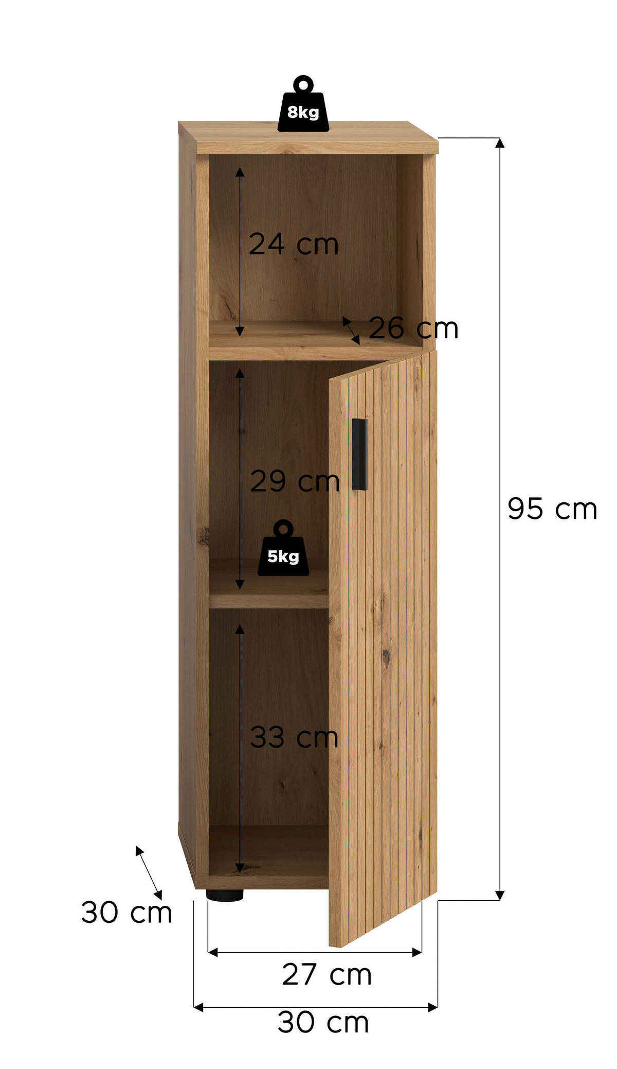 MIDISCHRANK 30/95/30 cm  - Schwarz/Eiche Artisan, Basics, Holzwerkstoff/Kunststoff (30/95/30cm) - MID.YOU