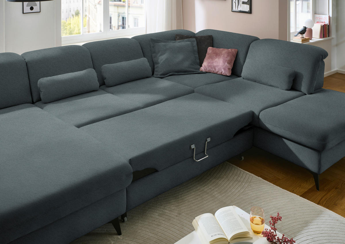 WOHNLANDSCHAFT  in Chenille Blau  - Blau/Schwarz, Design, Textil/Metall (198/364/255cm) - Beldomo Style