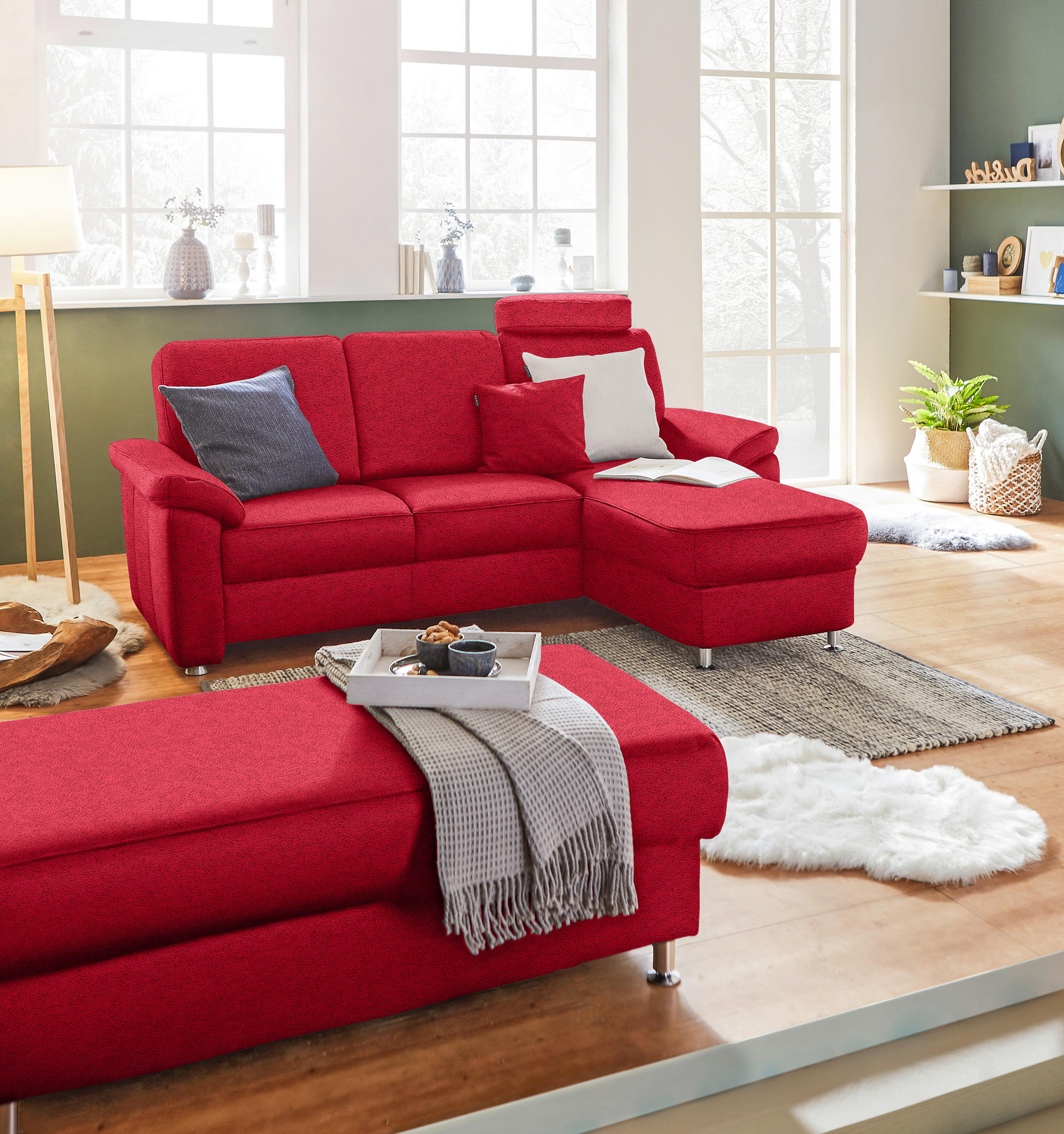 ECKSOFA in Webstoff Hellrot  - Chromfarben/Hellrot, Konventionell, Textil/Metall (220/163cm) - Beldomo System