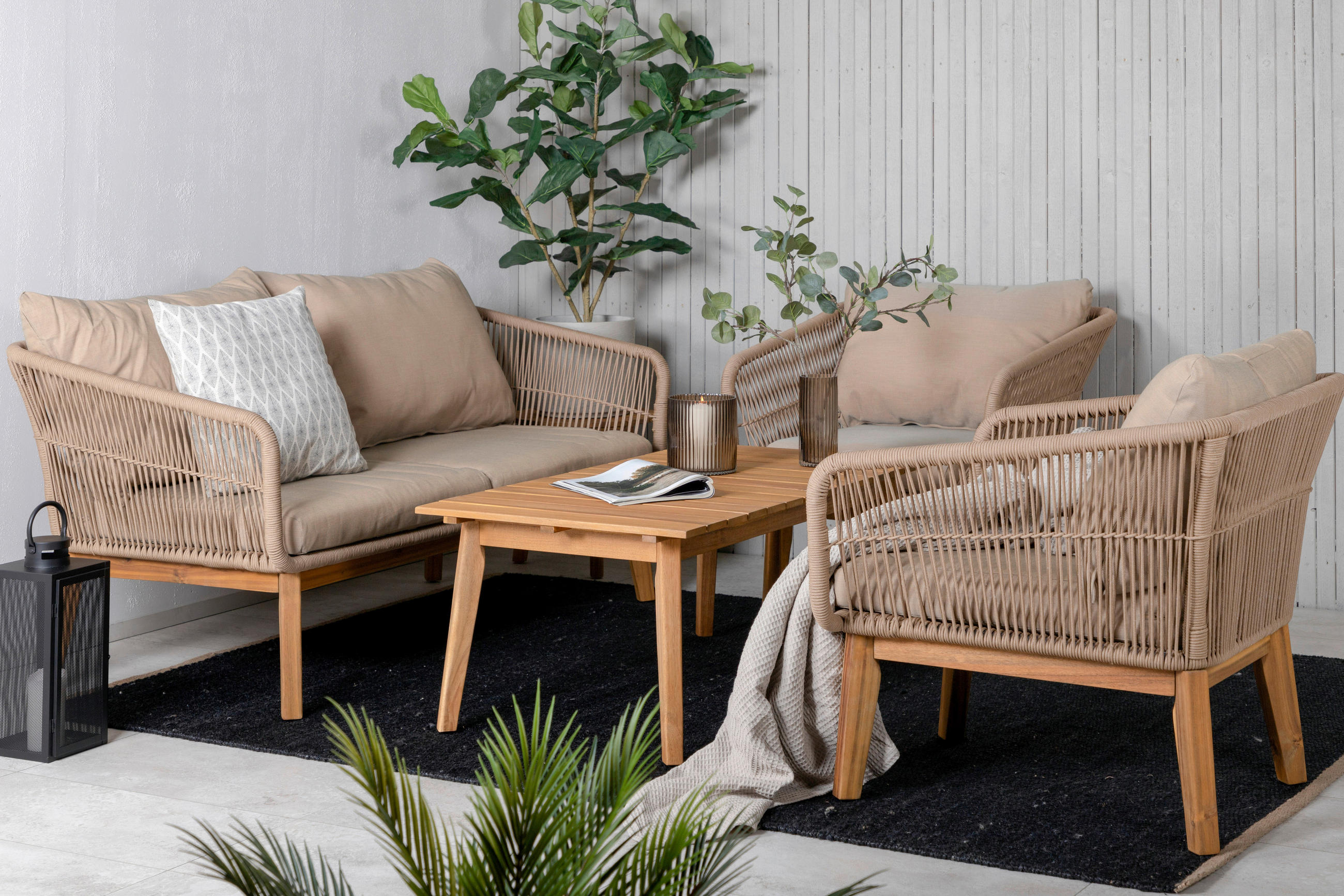 LOUNGEGRUPP 4 delar  - beige/akaciefärgad, Klassisk, metall/trä (164/75null) - Gardenson