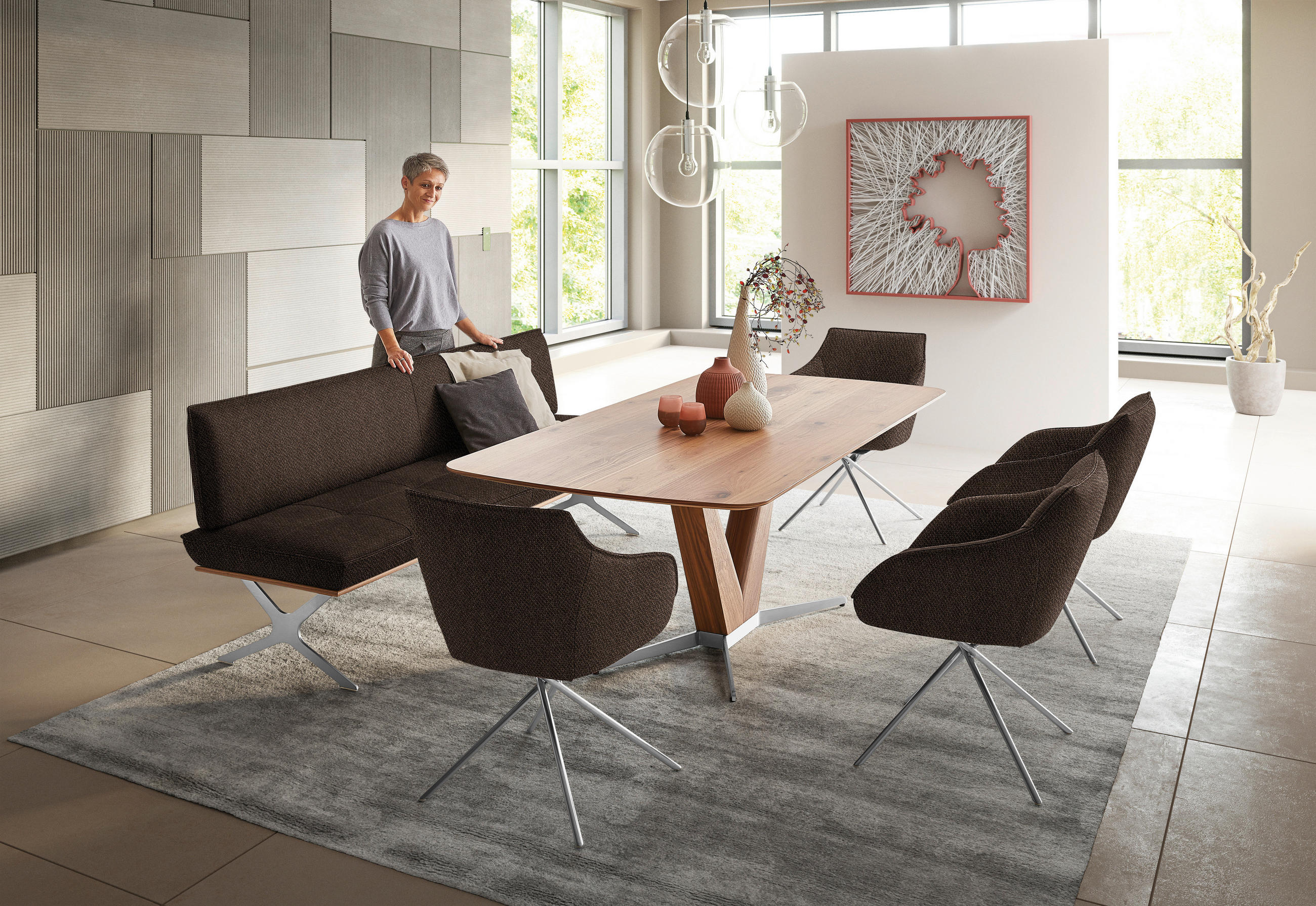 SITZBANK in Holz, Textil Braun, Nussbaumfarben, Nickelfarben  - Edelstahlfarben/Nussbaumfarben, Design, Holz/Textil (214/88/66cm) - Koinor