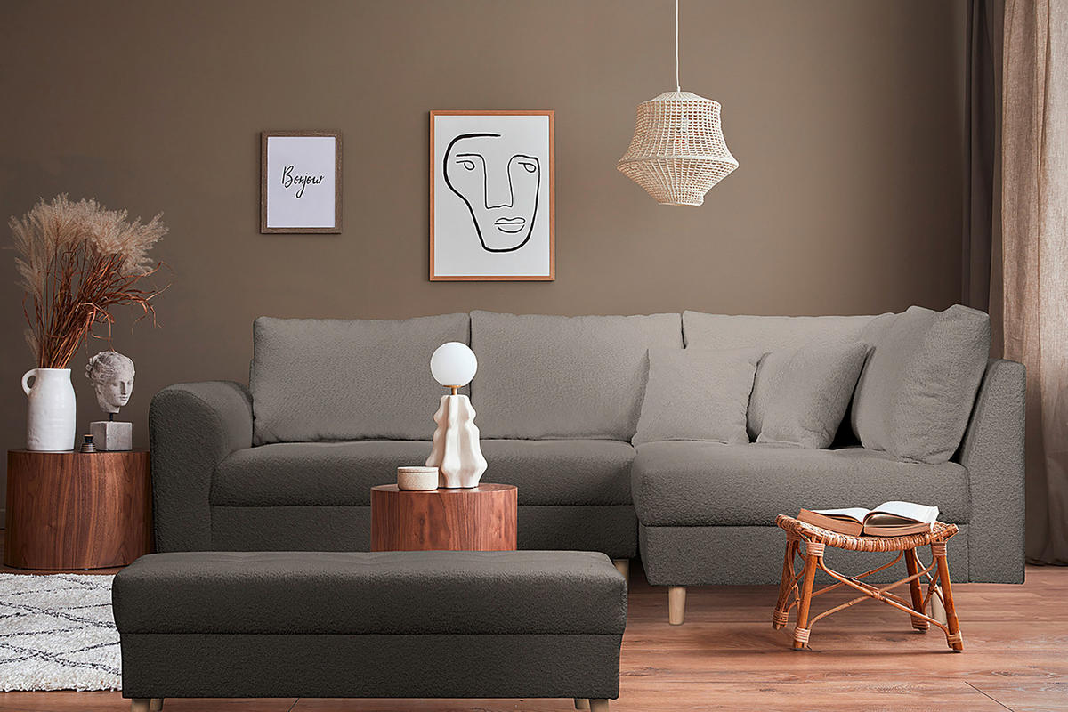 ECKSOFA Ariella in Bouclé Dunkelgrau  231/161 cm  - Dunkelgrau/Naturfarben, Design, Holz/Textil (231/161cm) - Livetastic