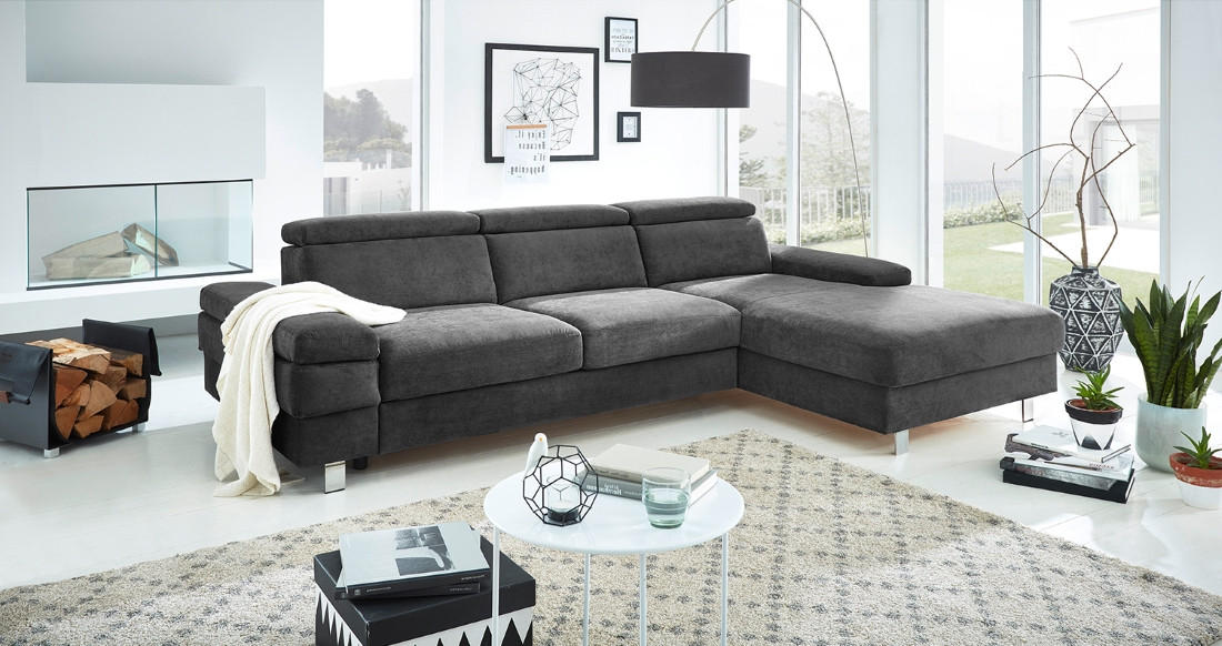 ECKSOFA in Webstoff Anthrazit - Anthrazit/Silberfarben, Konventionell, Textil/Metall (182/82/260cm) - Trendmanufaktur