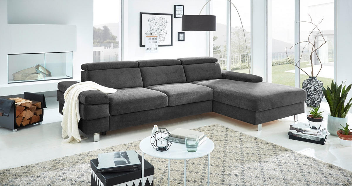 ECKSOFA Anthrazit Webstoff  - Anthrazit/Silberfarben, KONVENTIONELL, Textil/Metall (182/82/260cm) - Trendmanufaktur
