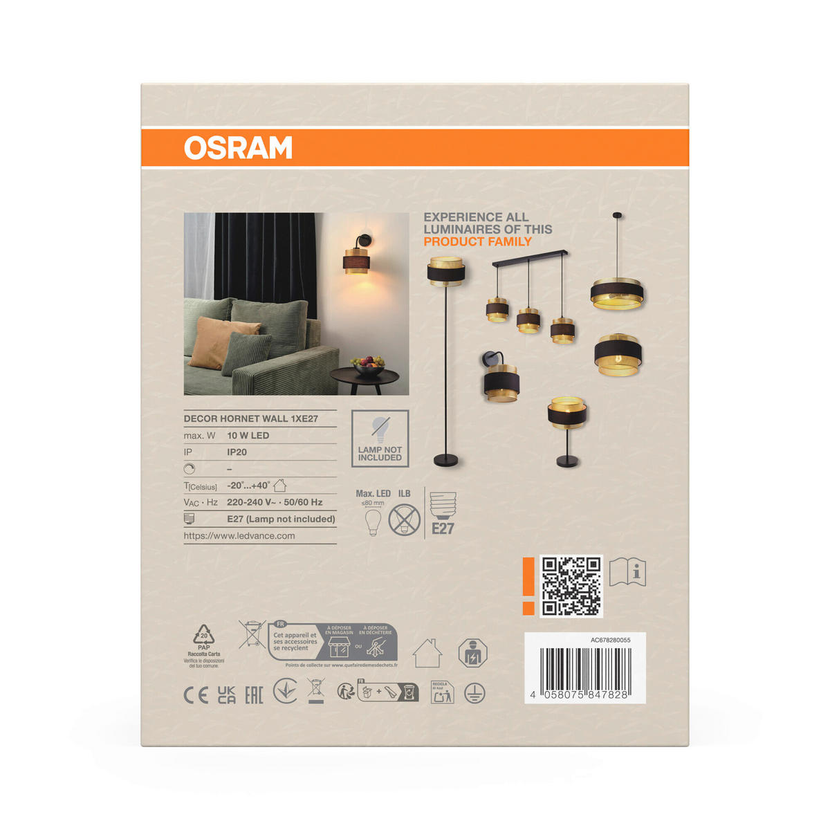 WANDLEUCHTE 18/23,5/30 cm   - Goldfarben/Schwarz, KONVENTIONELL, Textil/Metall (18/23,5/30cm) - Osram