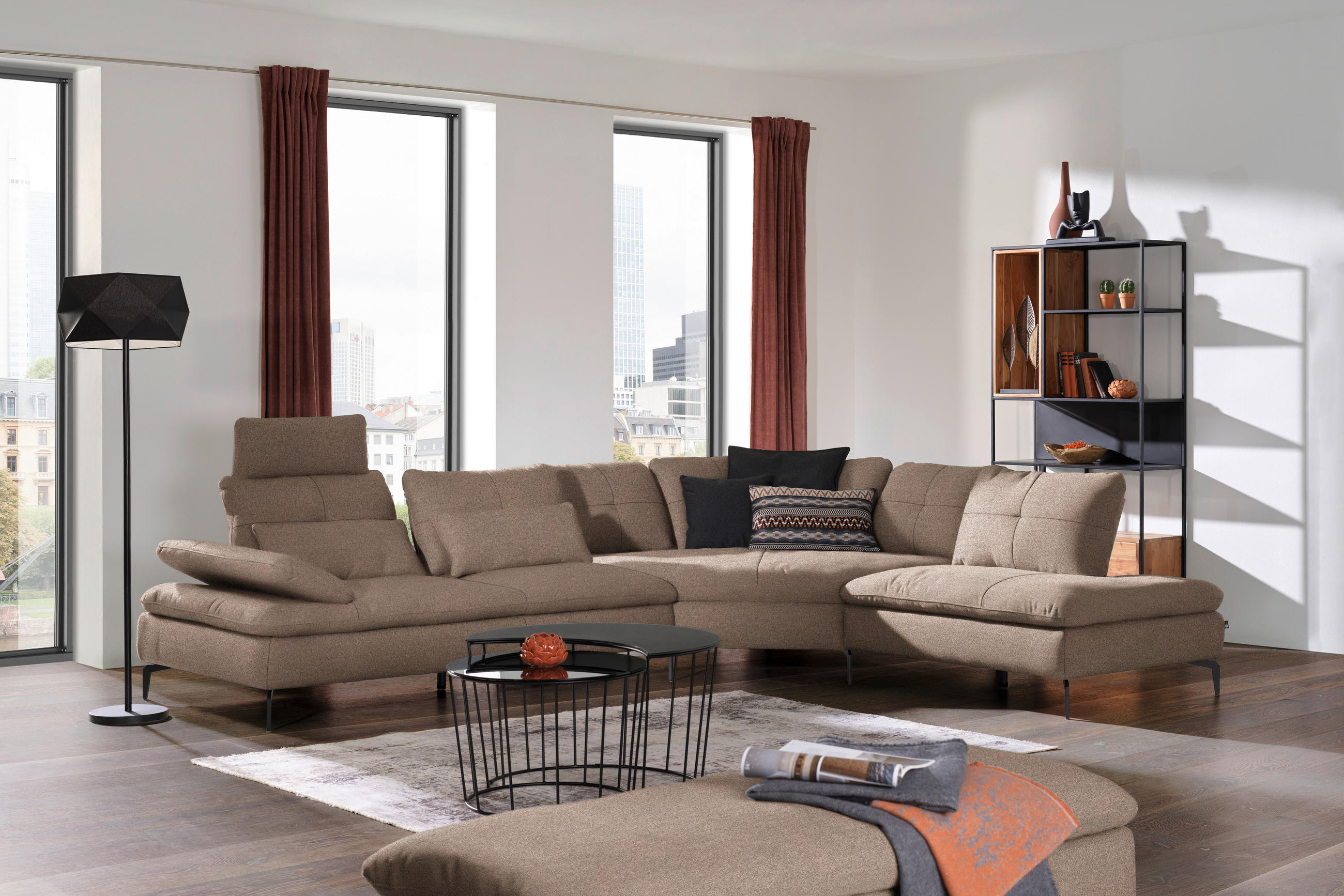 ECKSOFA in Flachgewebe Graubraun  - Graubraun/Schwarz, Design, Textil/Metall (344/271cm) - Chilliano