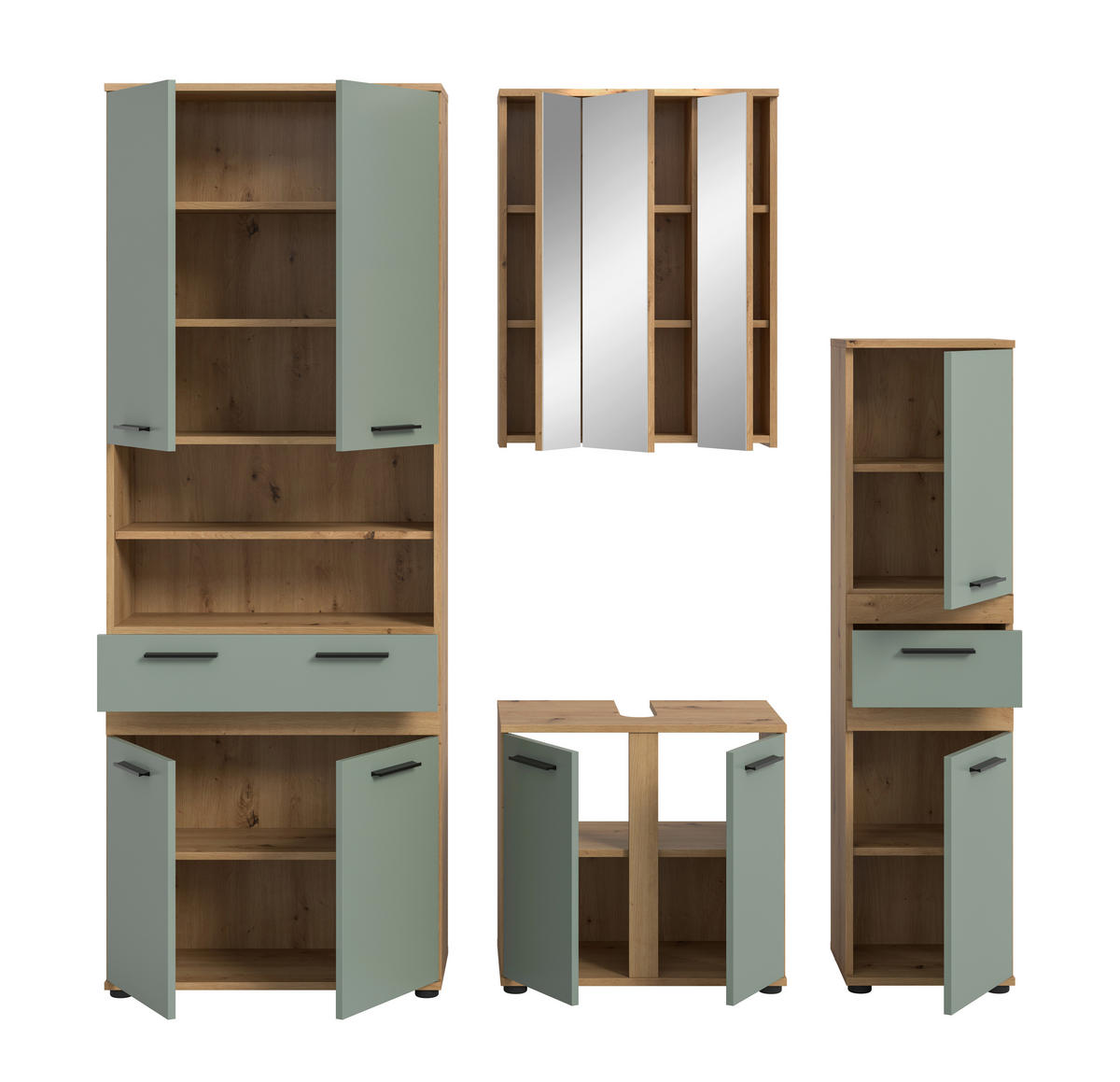 BADEZIMMER 4-teilig  in 195 cm  - Salbeigrün/Schwarz, Trend, Glas/Holzwerkstoff (195cm) - MID.YOU