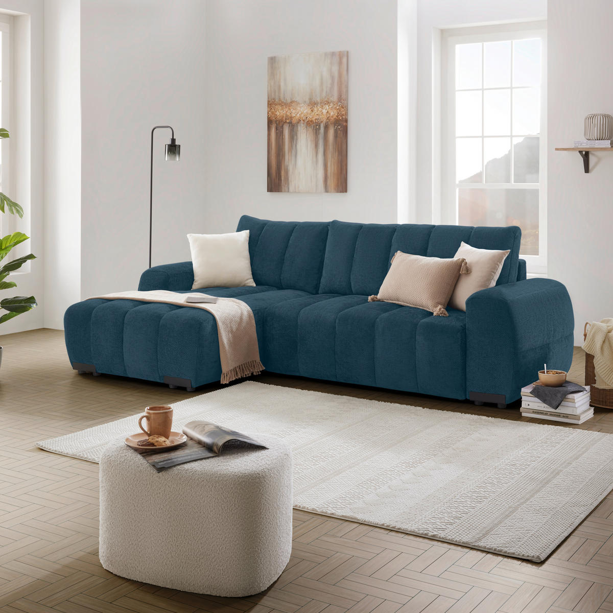 ECKSOFA Flachgewebe Petrol  - Schwarz Hochglanz/Petrol, Modern, Textil/Metall (166/93/273cm) - MID.YOU